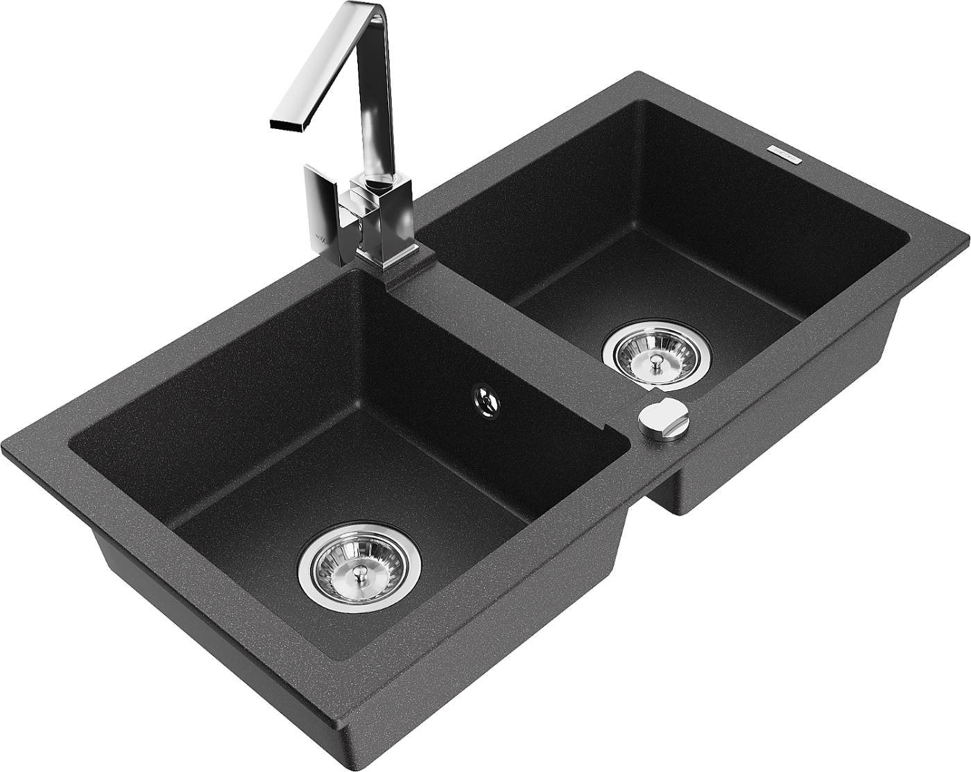 Mexen Mario zlewozmywak granitowy 2-komorowy z baterią kuchenną Rita, czarny nakrapiany - 6504-76-670300-00