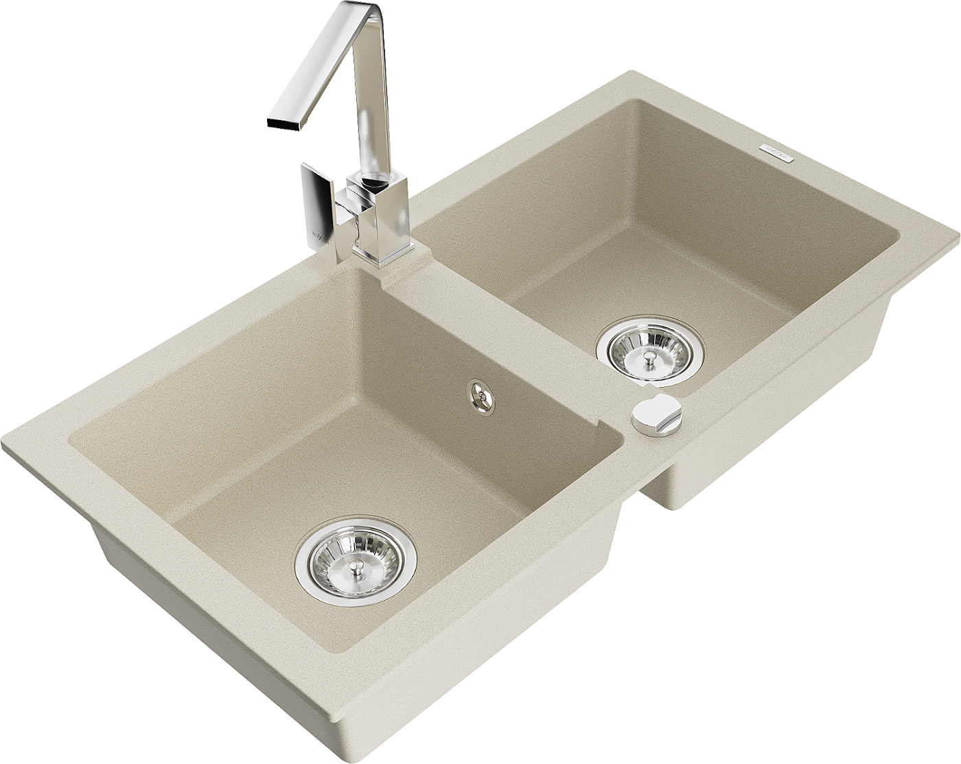Mexen Mario zlewozmywak granitowy 2-komorowy z baterią kuchenną Rita, beżowy - 6504-69-670300-00