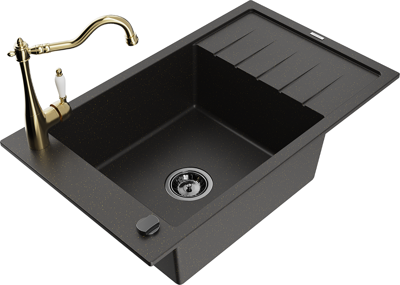 Mexen Elias zlewozmywak granitowy 1-komorowy z ociekaczem i baterią kuchenną Carla, czarny/złoty metalik - 6511-75-670700-50-B