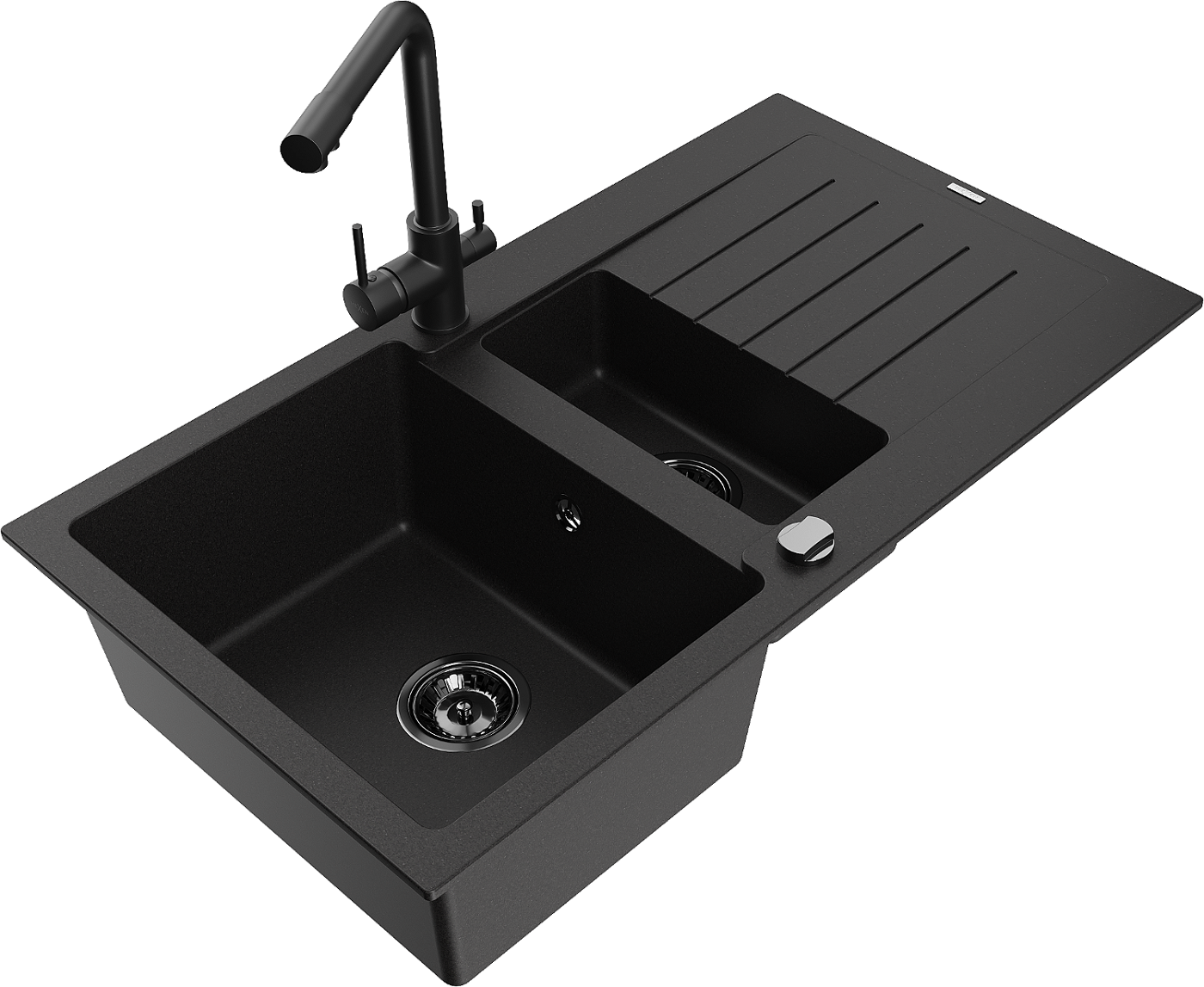 Mexen Matias zlewozmywak granitowy 1,5-komorowy z ociekaczem i baterią kuchenną Duero, czarny - 6502-77-671600-70-B