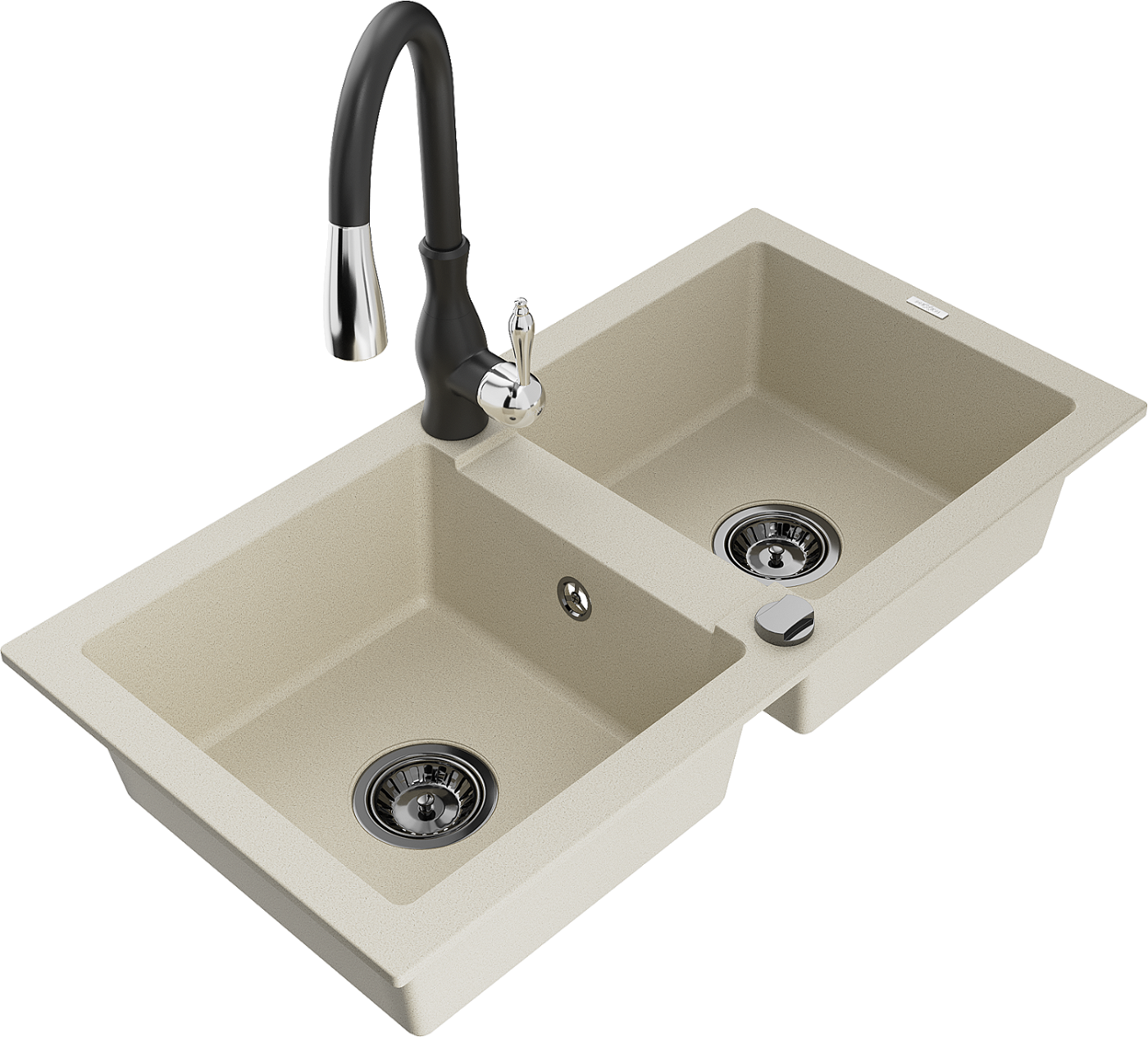 Mexen Mario zlewozmywak granitowy 2-komorowy z baterią kuchenną Savita, beżowy - 6504-69-672601-70