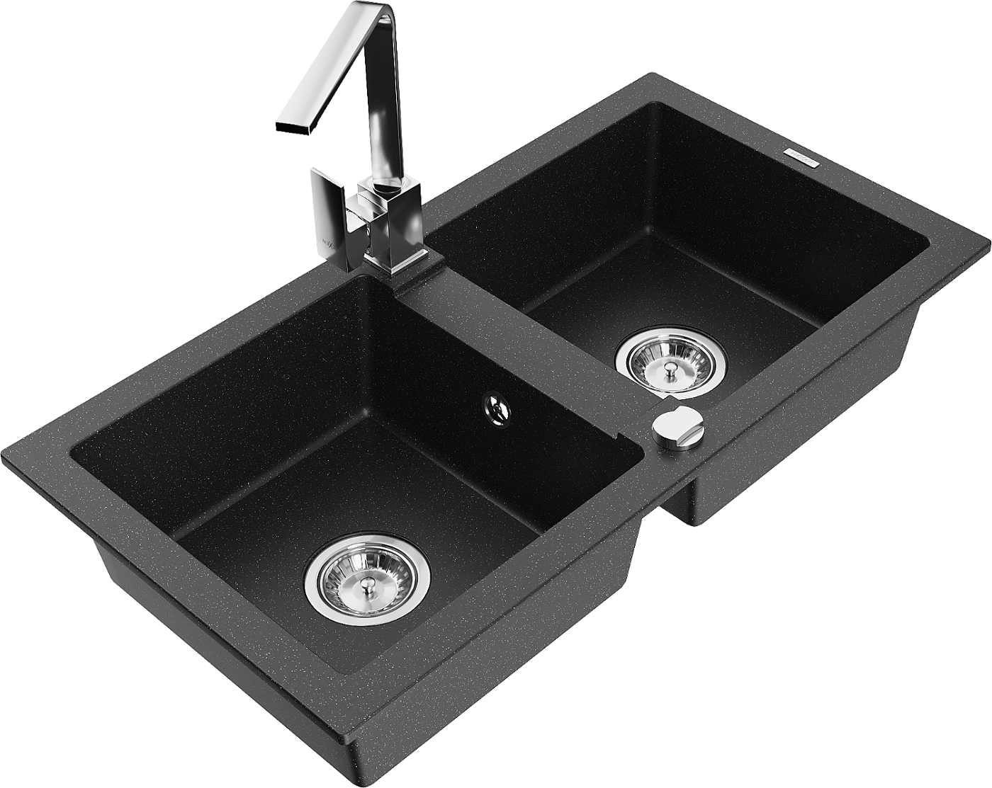 Mexen Mario zlewozmywak granitowy 2-komorowy z baterią kuchenną Rita, czarny/srebrny metalik - 6504-73-670300-00