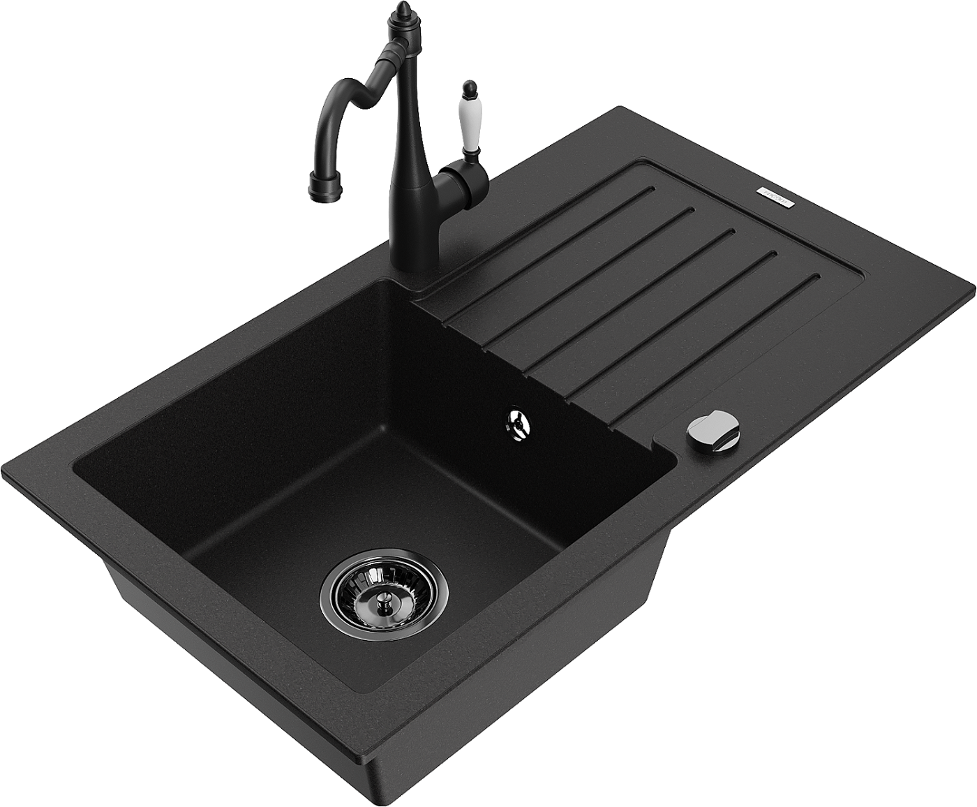Mexen Pablo zlewozmywak granitowy 1-komorowy z ociekaczem i baterią kuchenną Carla, czarny - 6510-77-670700-70-B
