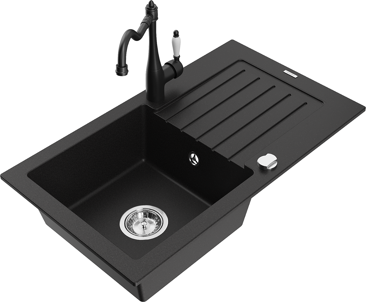 Mexen Pablo zlewozmywak granitowy 1-komorowy z ociekaczem i baterią kuchenną Carla, czarny - 6510-77-670700-70