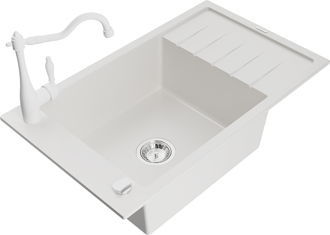 Mexen Elias zlewozmywak granitowy 1-komorowy z ociekaczem i baterią kuchenną Carla, biały - 6511-20-670700-20