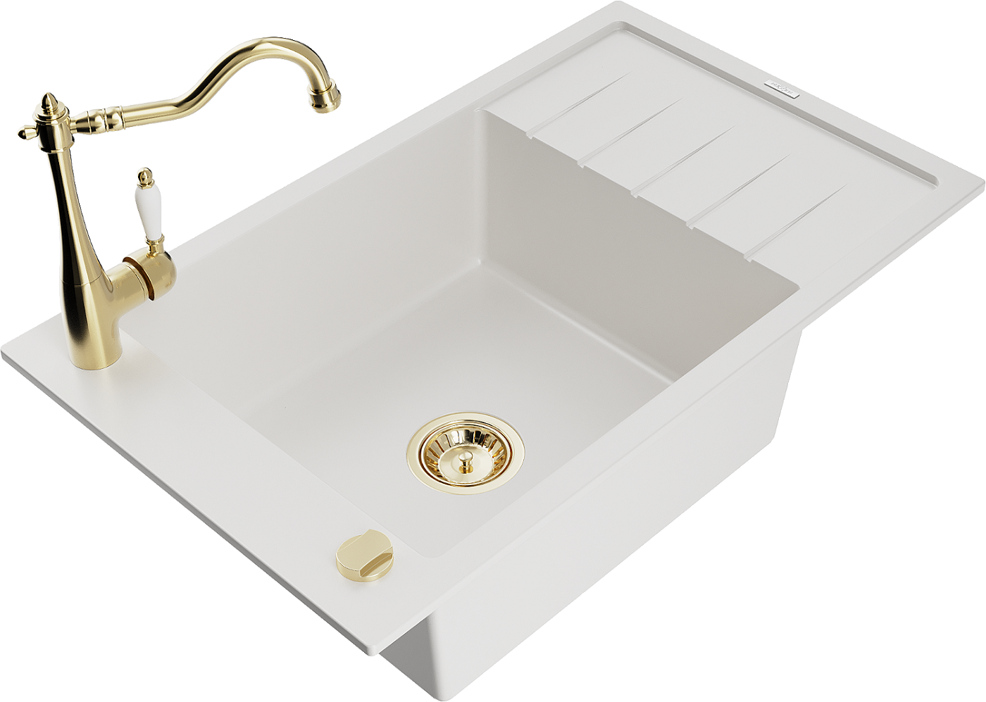 Mexen Elias zlewozmywak granitowy 1-komorowy z ociekaczem i baterią kuchenną Carla, biały - 6511-20-670700-50