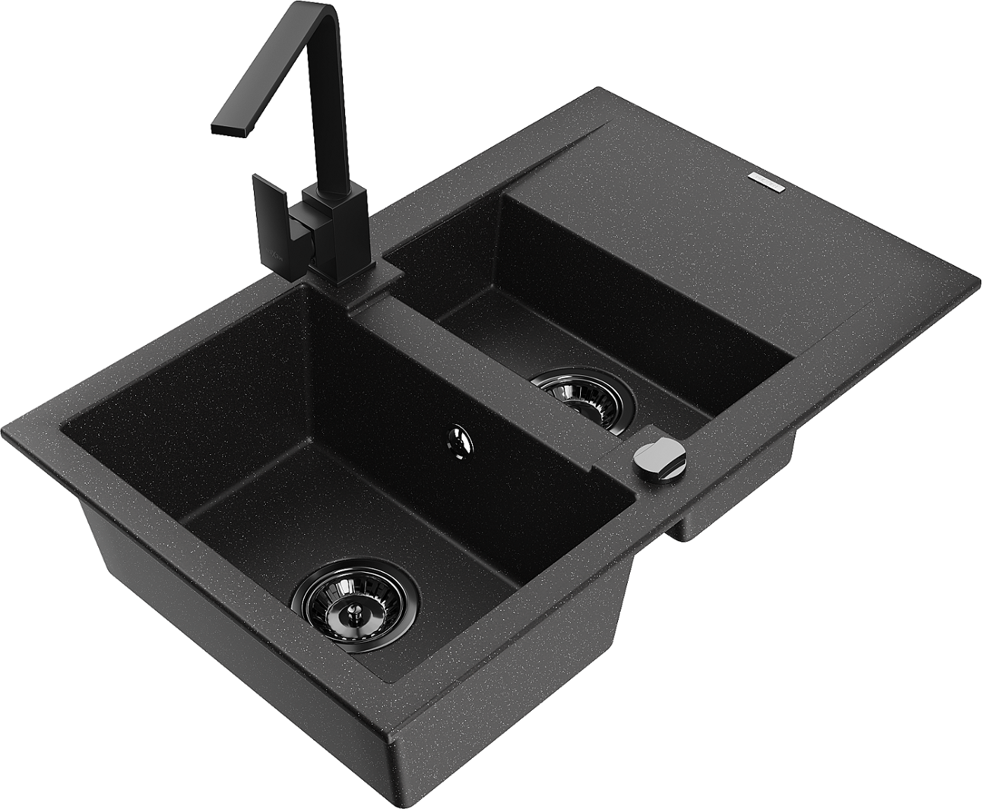Mexen Gaspar zlewozmywak granitowy 1,5-komorowy z ociekaczem i baterią kuchenną Rita, czarny/srebrny  - 6507-73-670300-70-B