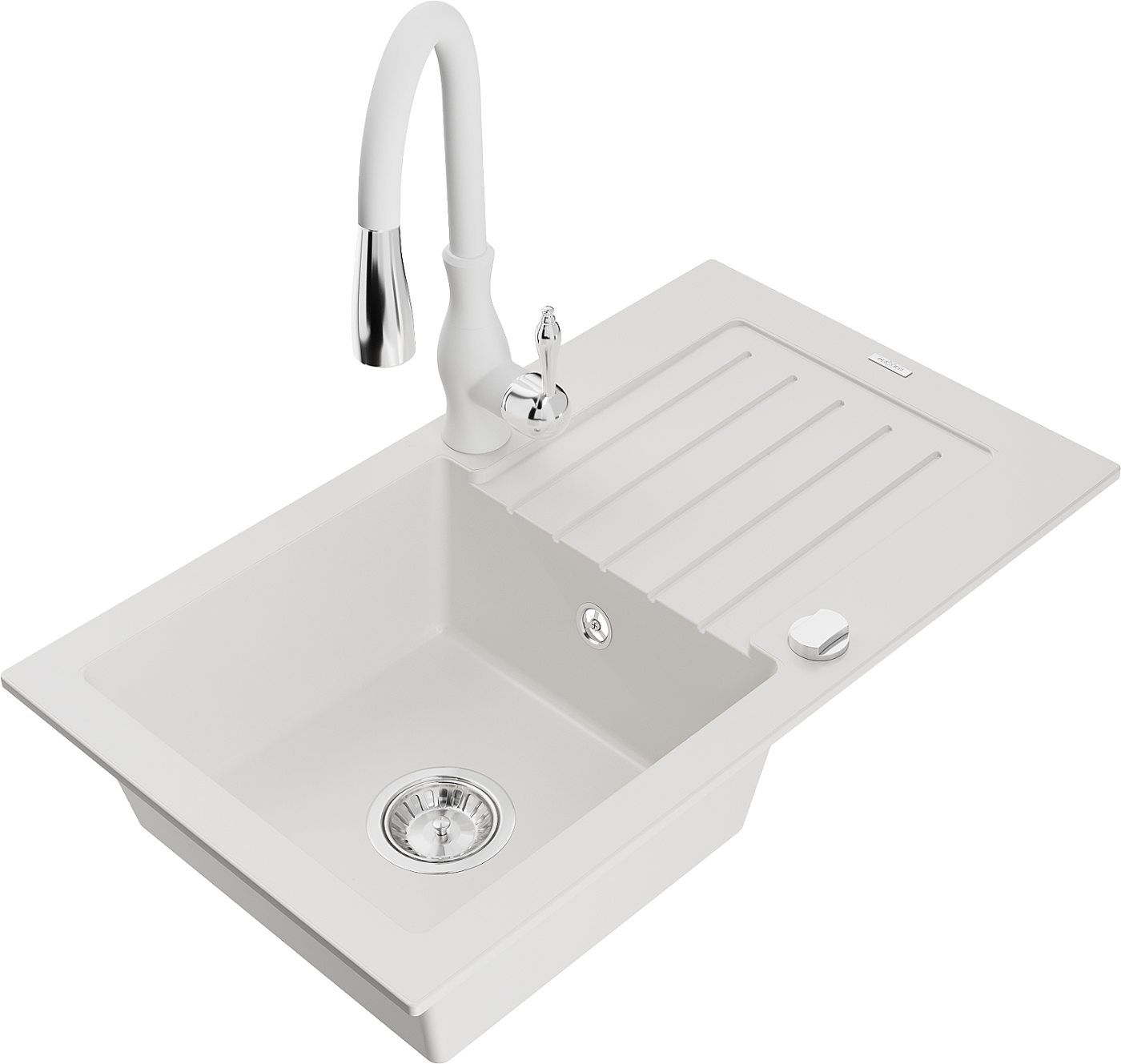 Mexen Pablo zlewozmywak granitowy 1-komorowy z ociekaczem i baterią kuchenną Savita, biały - 6510-20-672601-20