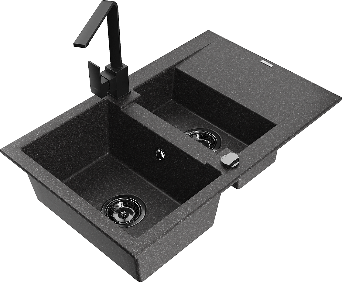 Mexen Gaspar zlewozmywak granitowy 1,5-komorowy z ociekaczem i baterią kuchenną Rita, czarny nakrapiany  - 6507-76-670300-70-B