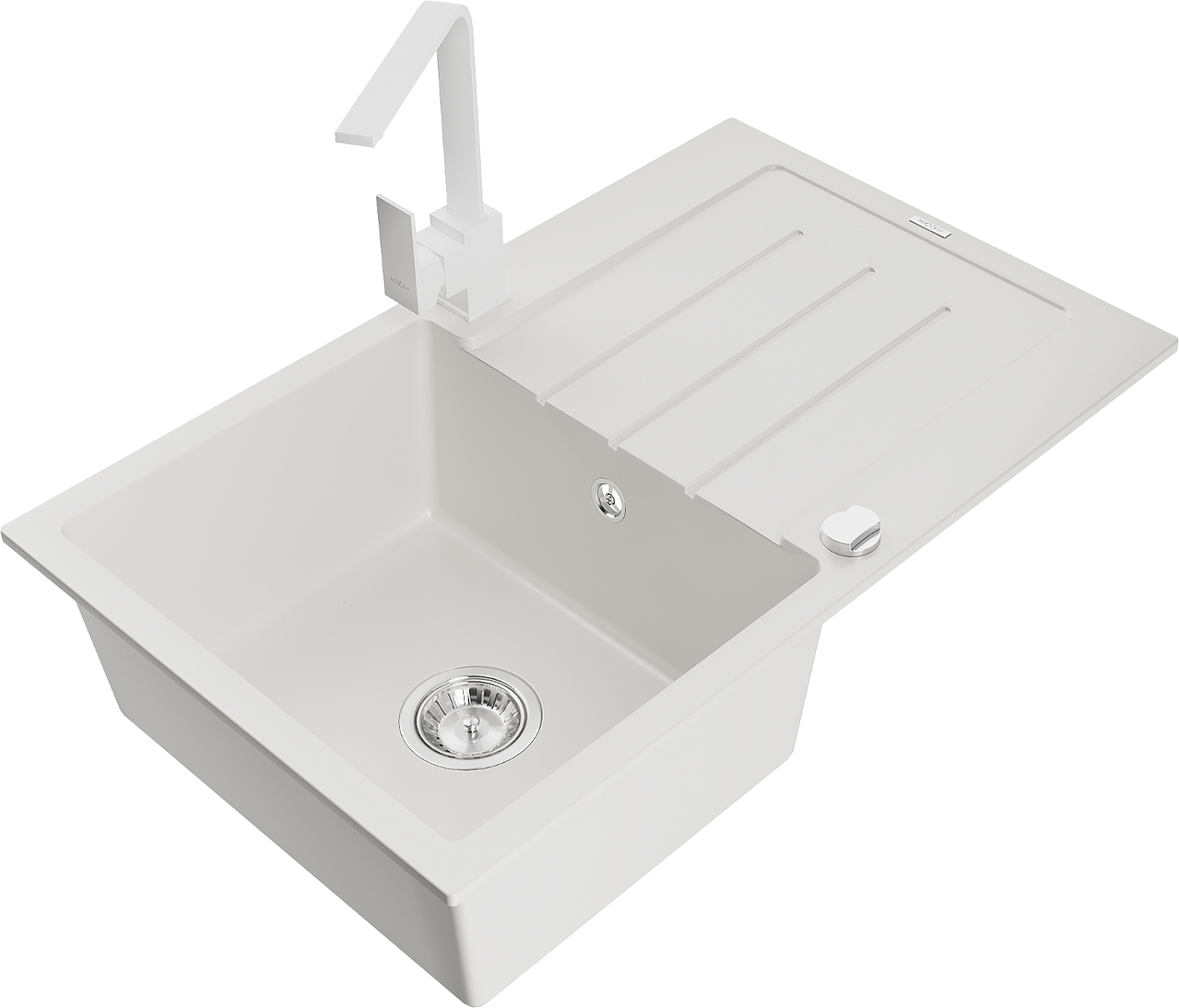 Mexen Bruno zlewozmywak granitowy 1-komorowy z ociekaczem i baterią kuchenną Rita, biały - 6513-20-670300-20