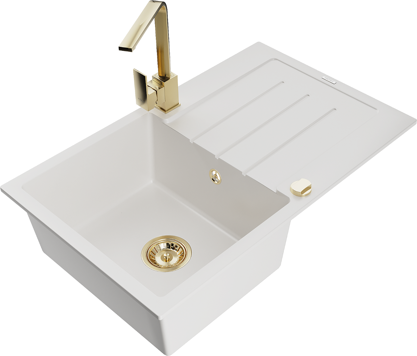 Mexen Bruno zlewozmywak granitowy 1-komorowy z ociekaczem i baterią kuchenną Rita, biały - 6513-20-670300-50