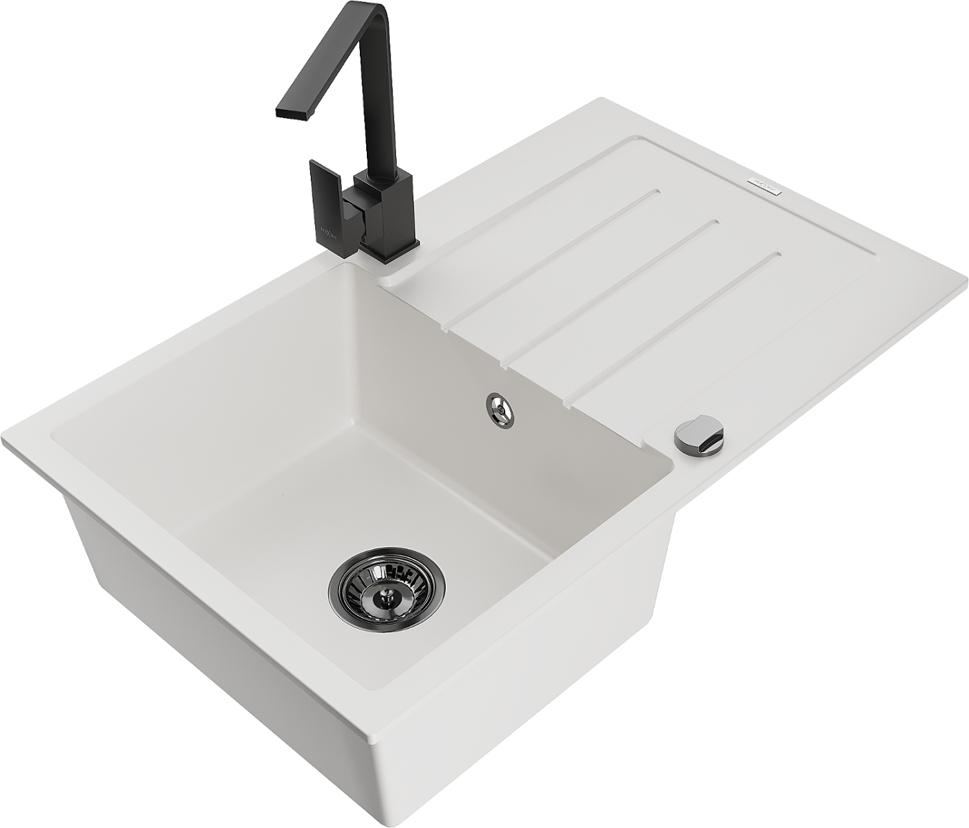Mexen Bruno zlewozmywak granitowy 1-komorowy z ociekaczem i baterią kuchenną Rita, biały - 6513-20-670300-70