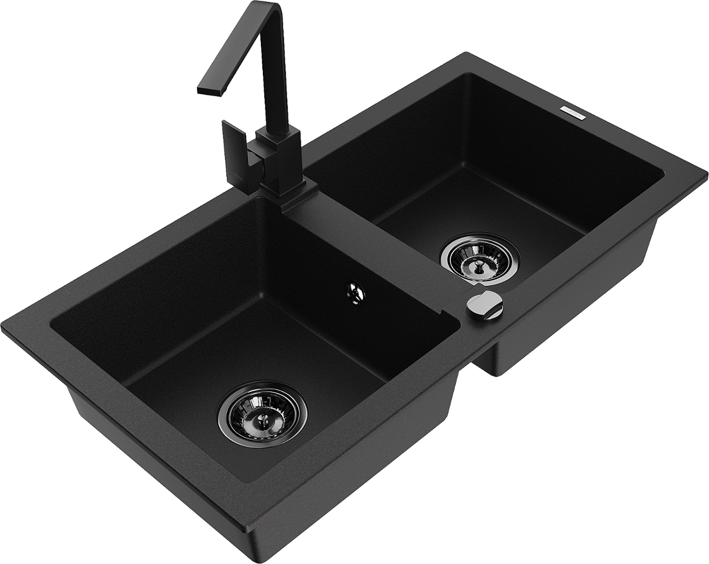 Mexen Mario zlewozmywak granitowy 2-komorowy z baterią kuchenną Rita, czarny - 6504-77-670300-70-B