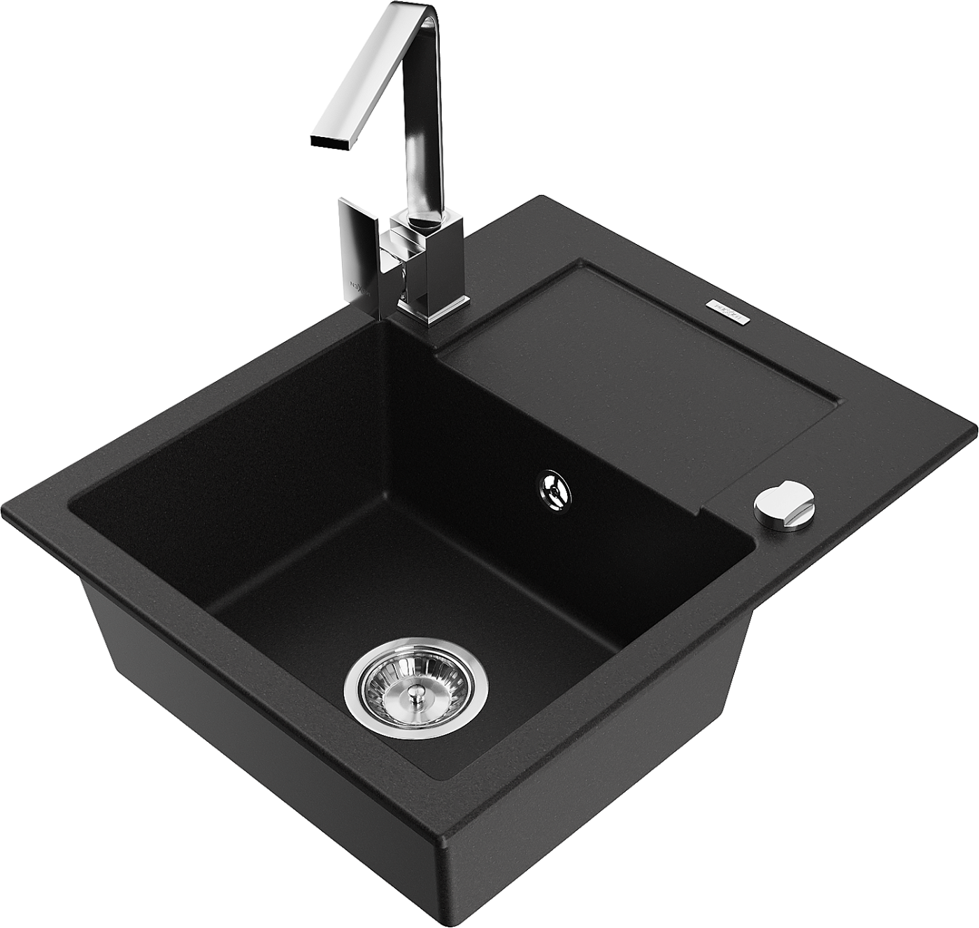 Mexen Enzo zlewozmywak granitowy 1-komorowy z ociekaczem i baterią kuchenną Rita, czarny - 6506-77-670300-00