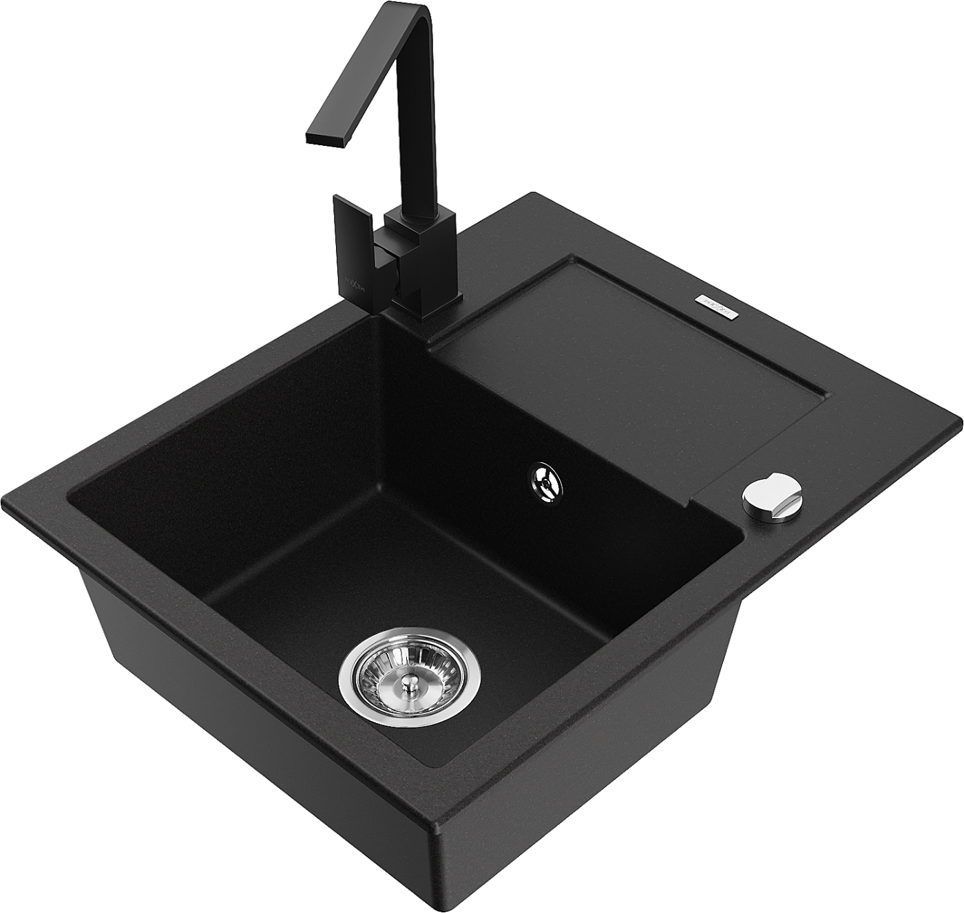 Mexen Enzo zlewozmywak granitowy 1-komorowy z ociekaczem i baterią kuchenną Rita, czarny - 6506-77-670300-70