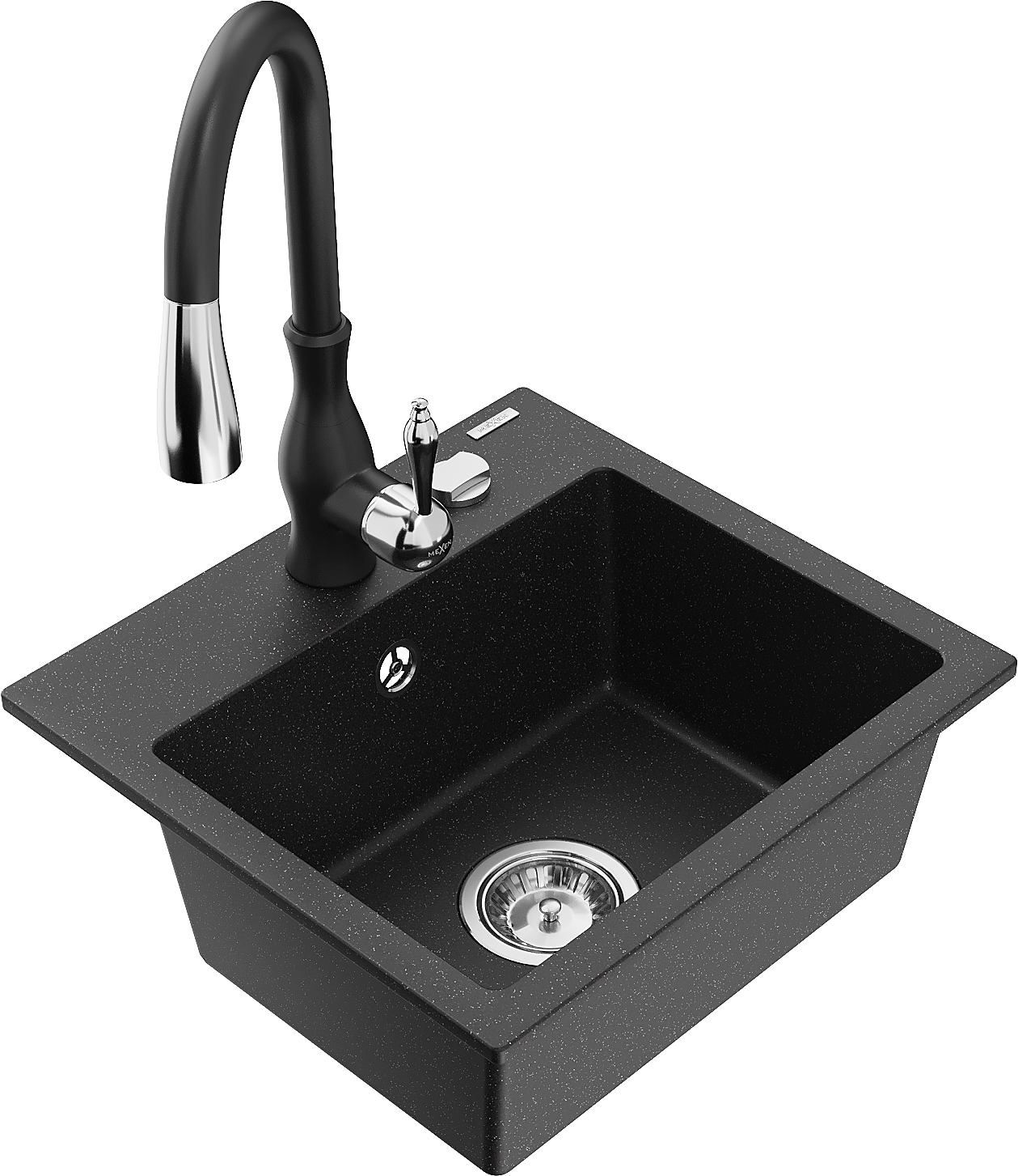 Mexen Milo zlewozmywak granitowy 1-komorowy z baterią kuchenną Savita, czarny/srebrny metalik- 6505-73-672601-70