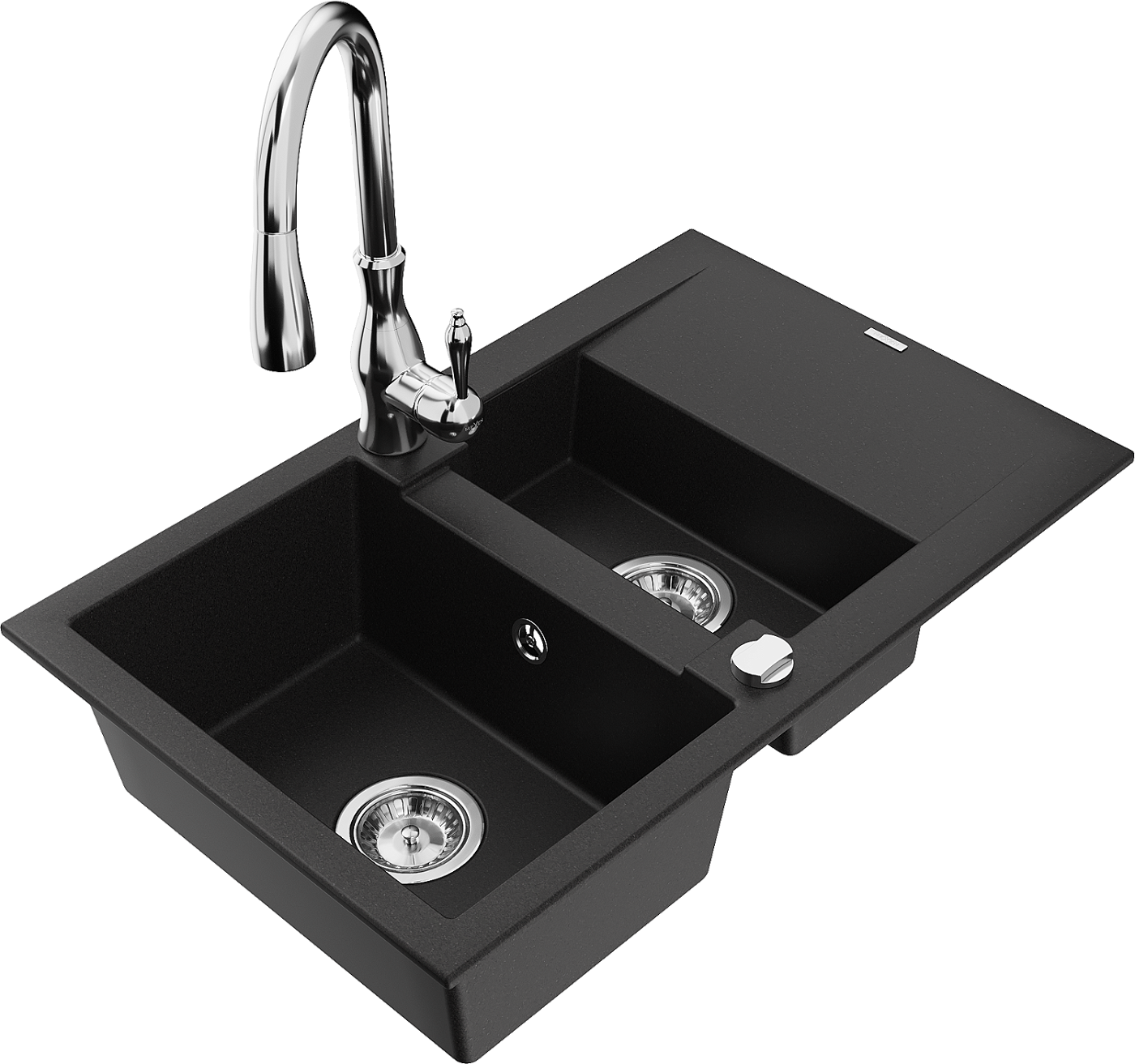 Mexen Gaspar zlewozmywak granitowy 1,5-komorowy z ociekaczem i baterią kuchenną Savita, czarny - 6507-77-672601-00