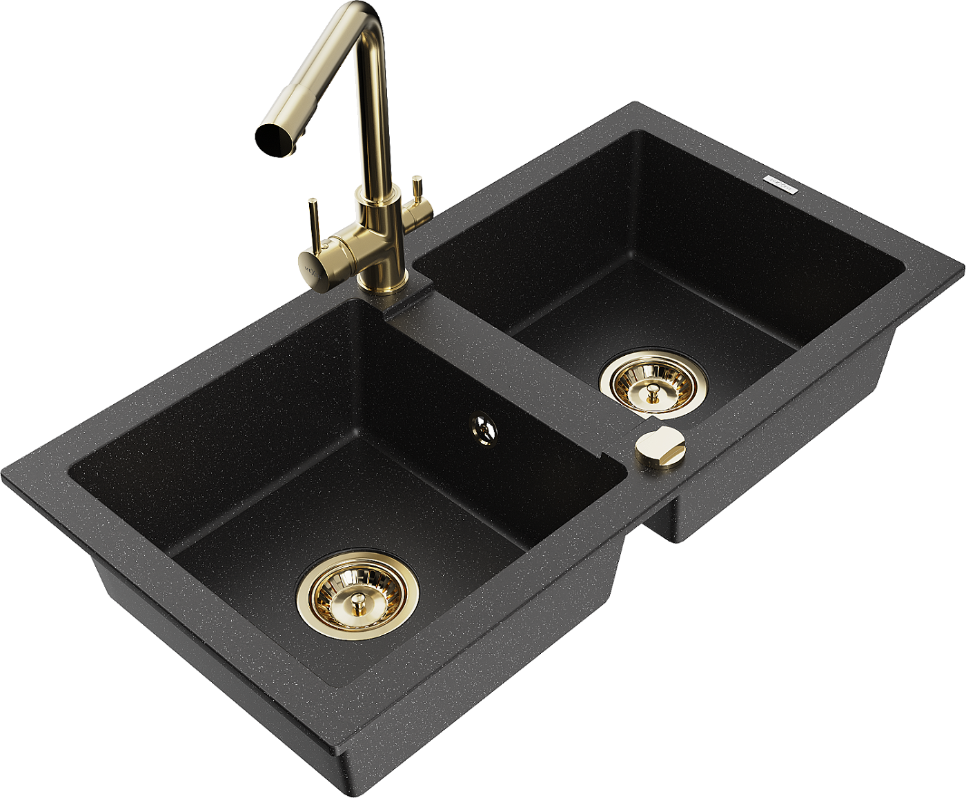 Mexen Mario zlewozmywak granitowy 2-komorowy z baterią kuchenną Duero, czarny/srebrny metalik - 6504-73-671600-50