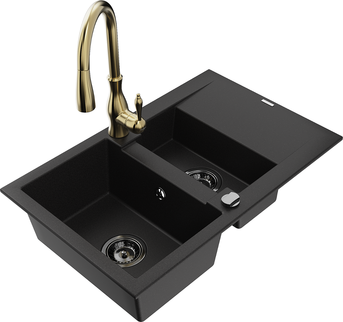 Mexen Gaspar zlewozmywak granitowy 1,5-komorowy z ociekaczem i baterią kuchenną Savita, czarny - 6507-77-672601-50-B