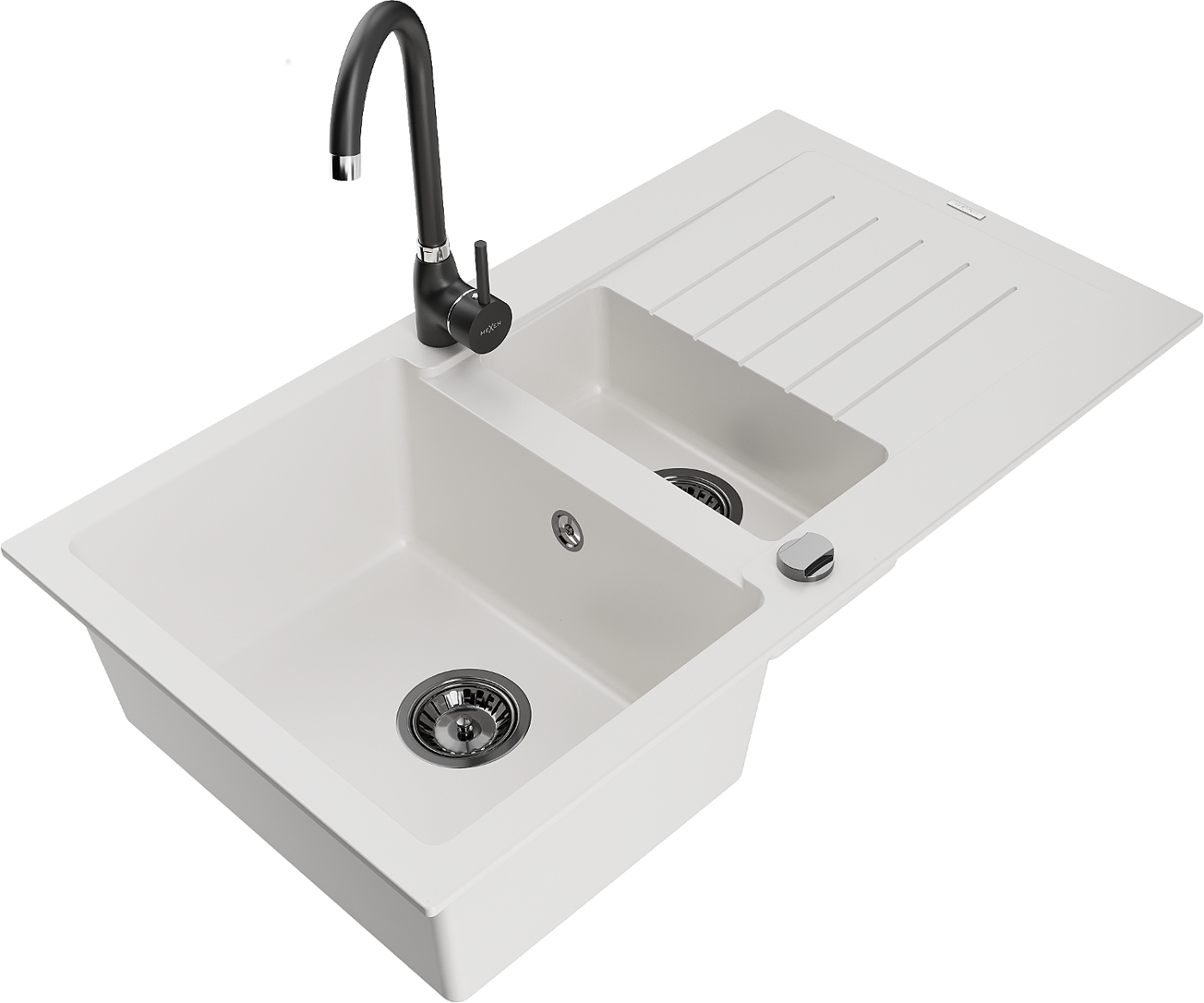 Mexen Matias zlewozmywak granitowy 1,5-komorowy z ociekaczem i baterią kuchenną Telma, biały - 6502-20-670200-70