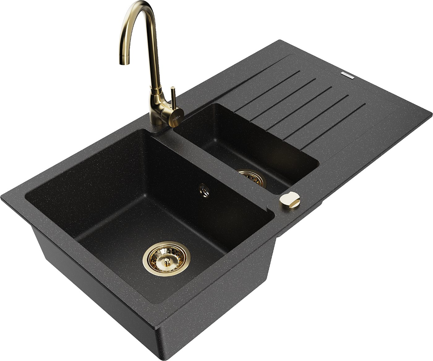 Mexen Matias zlewozmywak granitowy 1,5-komorowy z ociekaczem i baterią kuchenną Telma, czarny/srebrny - 6502-73-670200-50