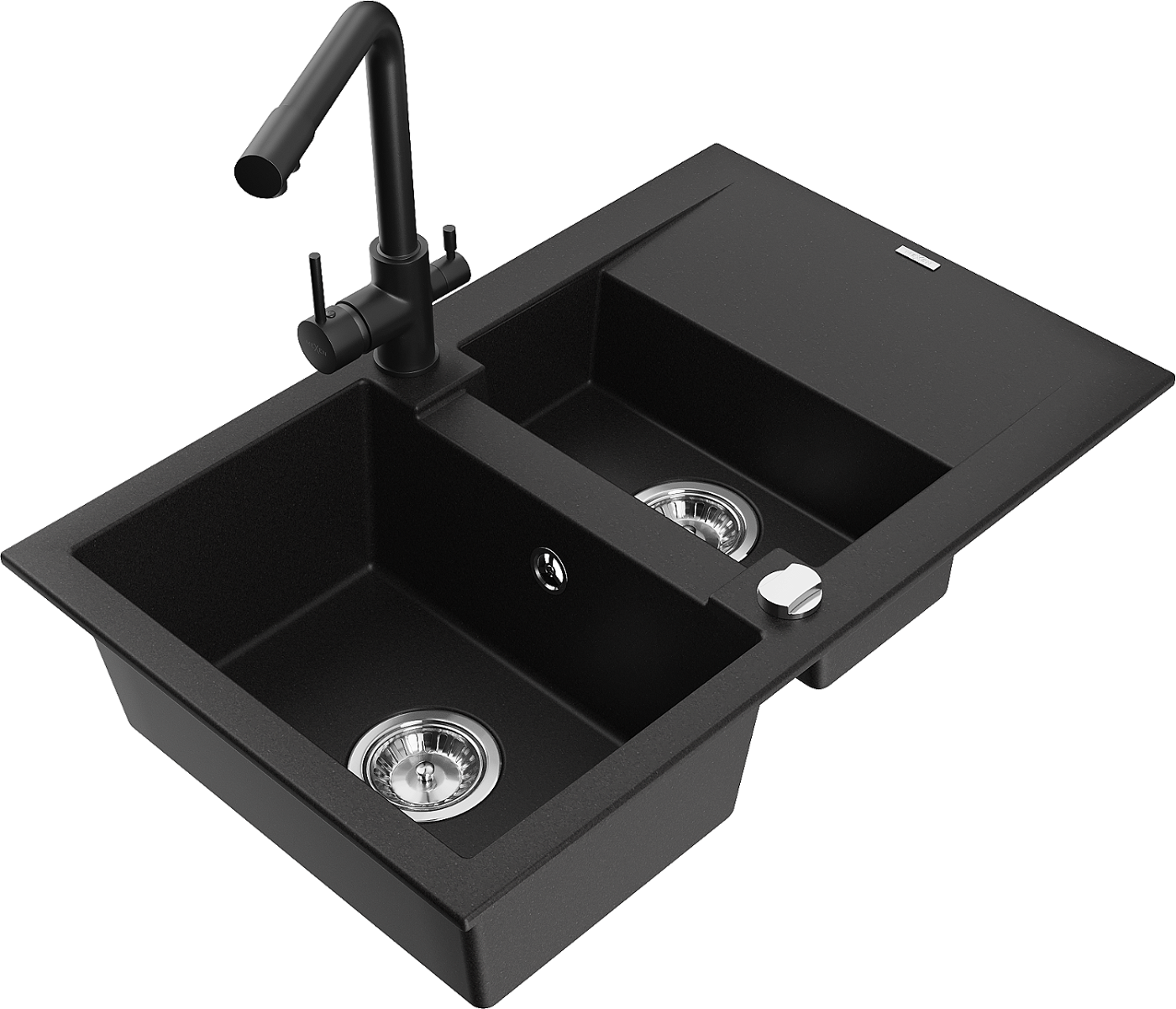 Mexen Gaspar zlewozmywak granitowy 1,5-komorowy z ociekaczem i baterią kuchenną Duero, czarny - 6507-77-671600-70