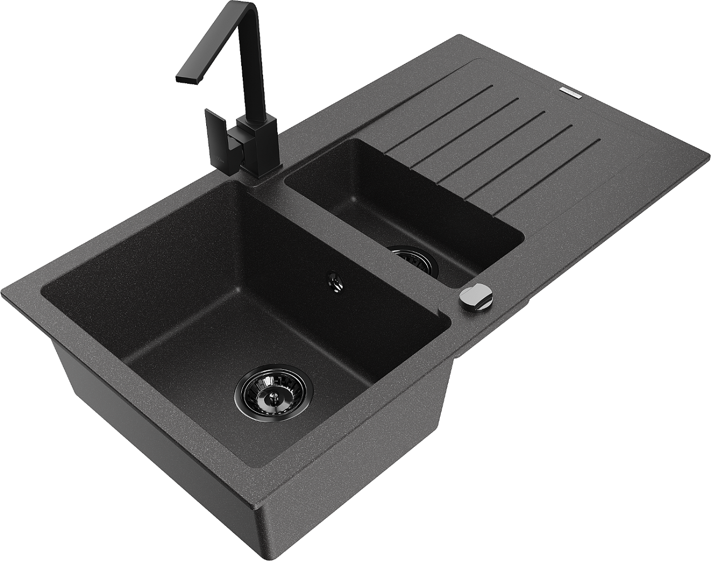 Mexen Matias zlewozmywak granitowy 1,5-komorowy z ociekaczem i baterią kuchenną Rita, czarny nakrapiany  - 6502-76-670300-70-B