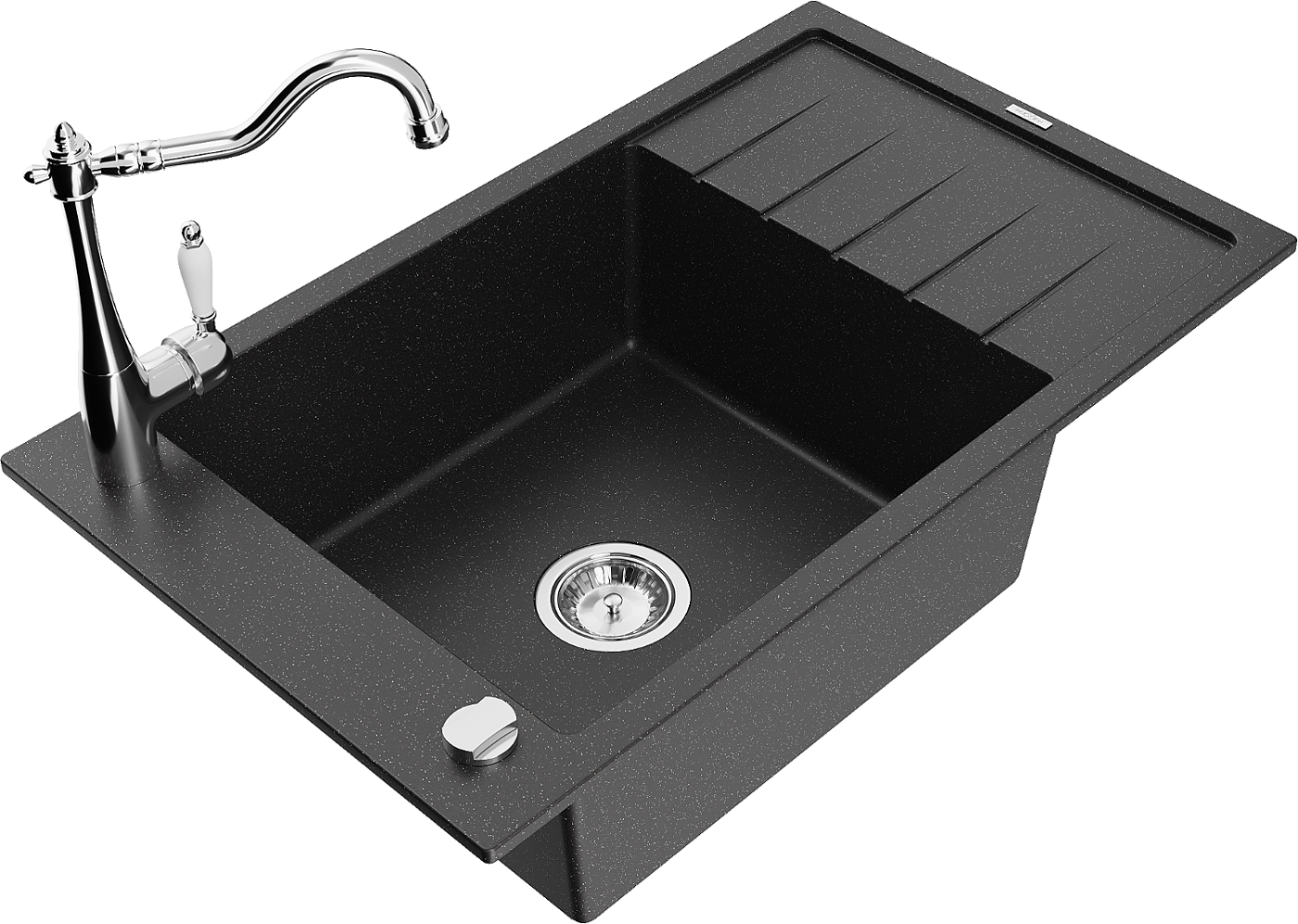Mexen Elias zlewozmywak granitowy 1-komorowy z ociekaczem i baterią kuchenną Carla, czarny/srebrny metalik - 6511-73-670700-00
