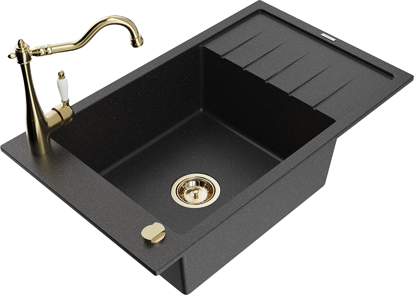 Mexen Elias zlewozmywak granitowy 1-komorowy z ociekaczem i baterią kuchenną Carla, czarny/srebrny metalik - 6511-73-670700-50