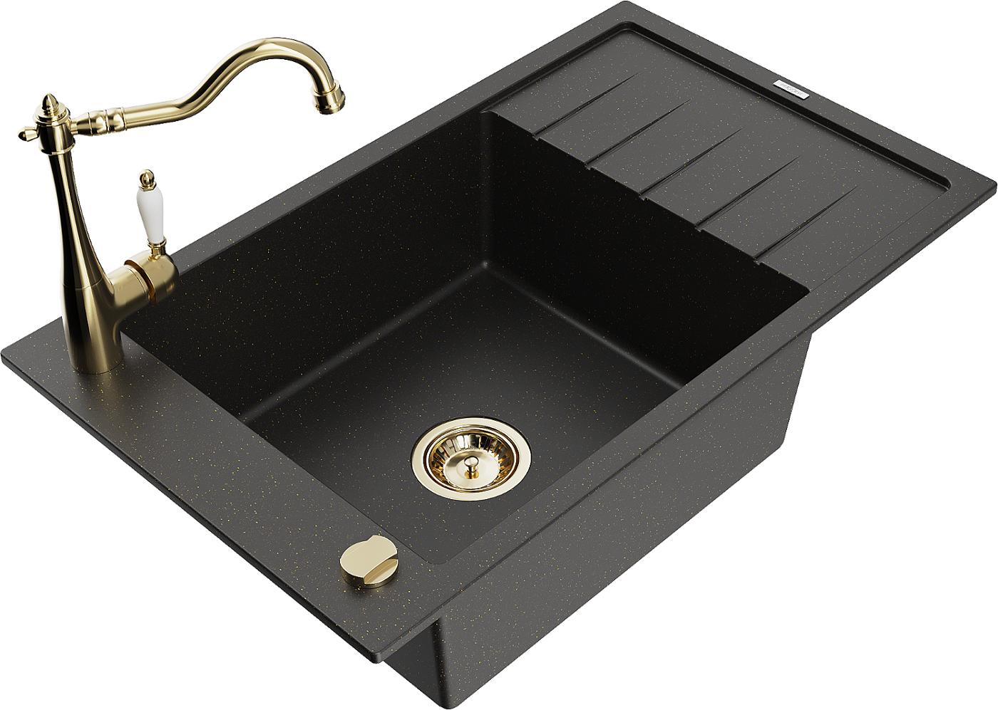 Mexen Elias zlewozmywak granitowy 1-komorowy z ociekaczem i baterią kuchenną Carla, czarny/złoty metalik - 6511-75-670700-50