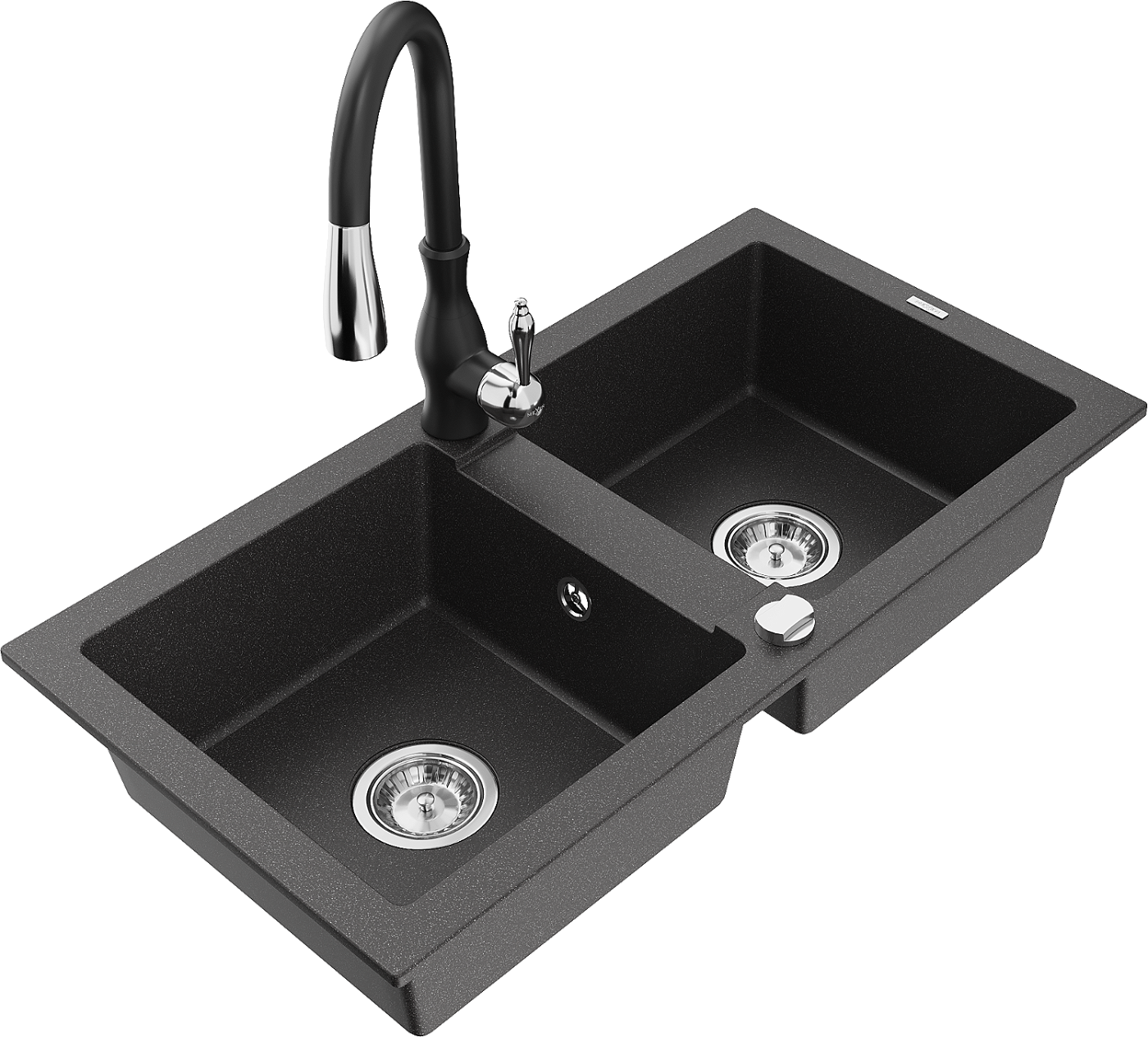 Mexen Mario zlewozmywak granitowy 2-komorowy z baterią kuchenną Savita, czarny nakrapiany - 6504-76-672601-70
