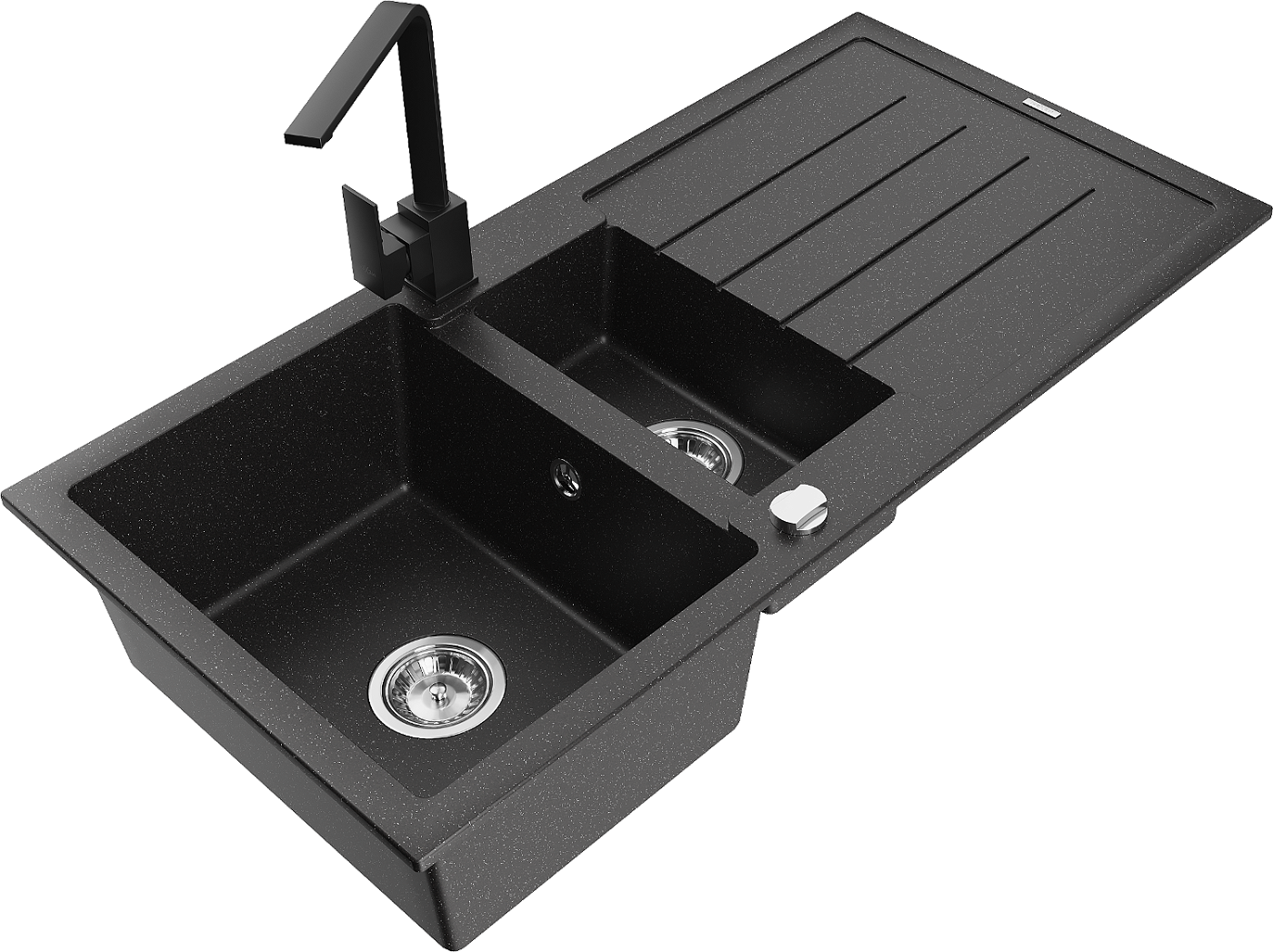Mexen Andres zlewozmywak granitowy 1,5-komorowy z ociekaczem i baterią kuchenną Rita, czarny/srebrny metalik - 6515-73-670300-70