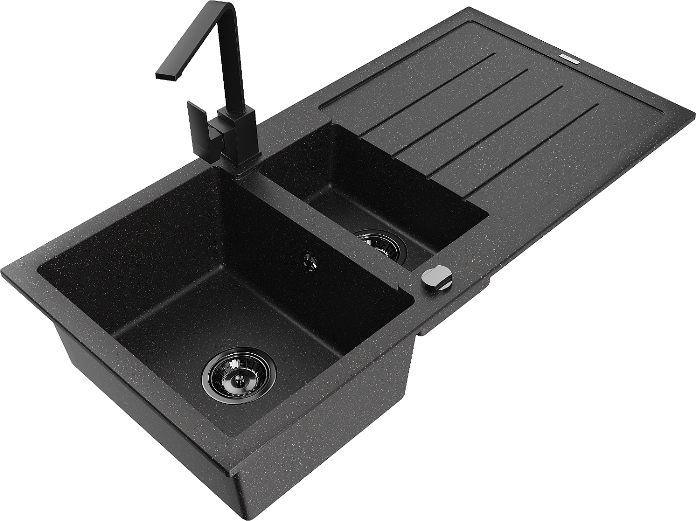 Mexen Andres zlewozmywak granitowy 1,5-komorowy z ociekaczem i baterią kuchenną Rita, czarny/srebrny - 6515-73-670300-70-B
