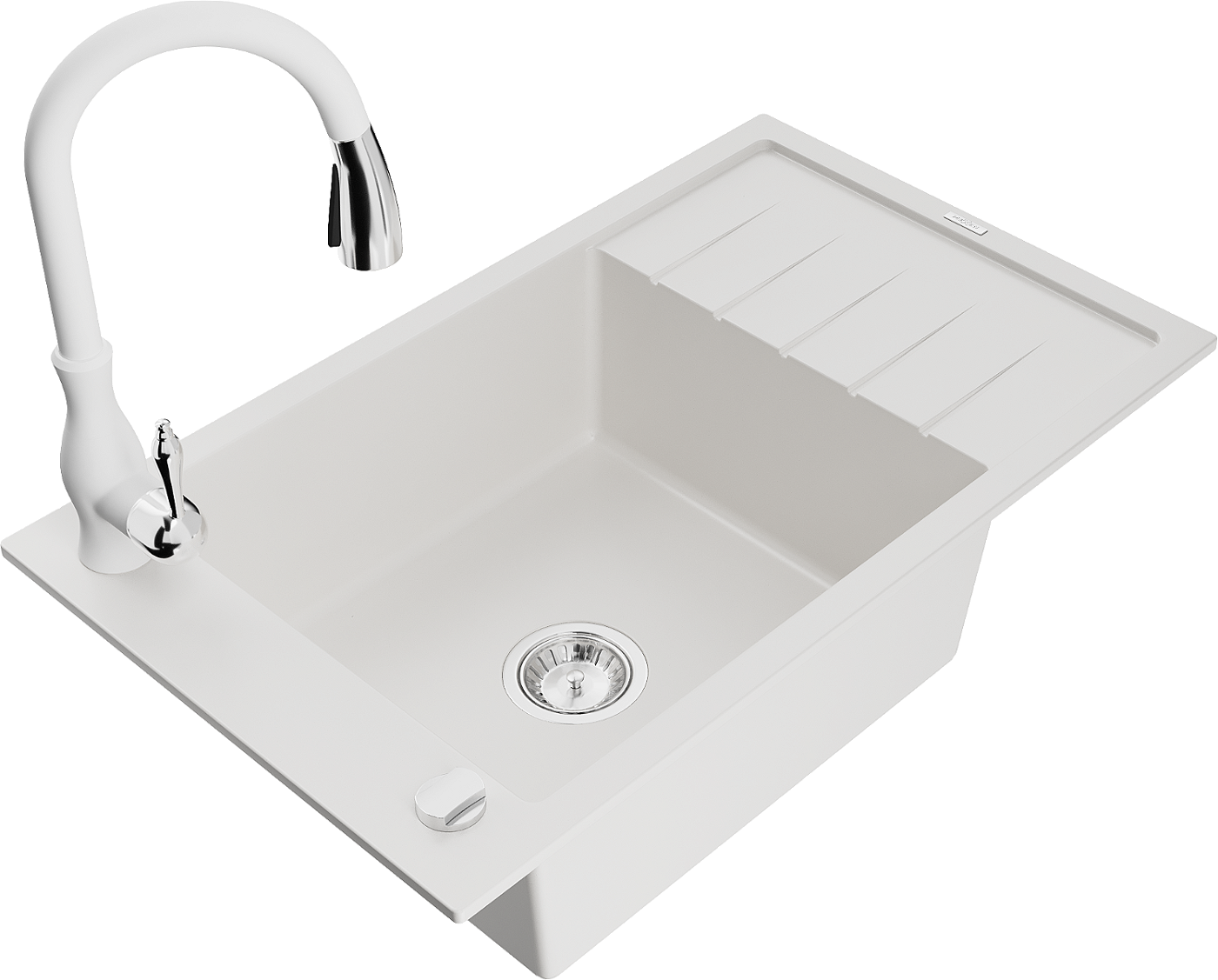 Mexen Elias zlewozmywak granitowy 1-komorowy z ociekaczem i baterią kuchenną Savita, biały - 6511-20-672601-20