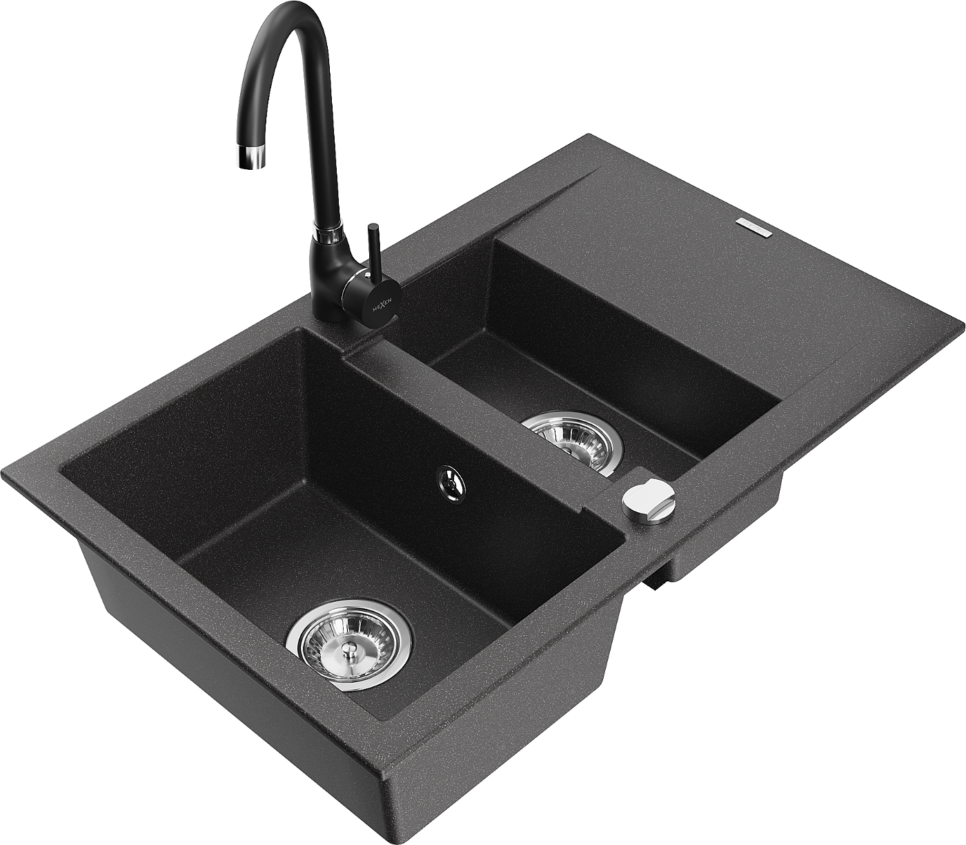 Mexen Gaspar zlewozmywak granitowy 1,5-komorowy z ociekaczem i baterią kuchenną Telma, czarny nakrapiany - 6507-76-670200-70