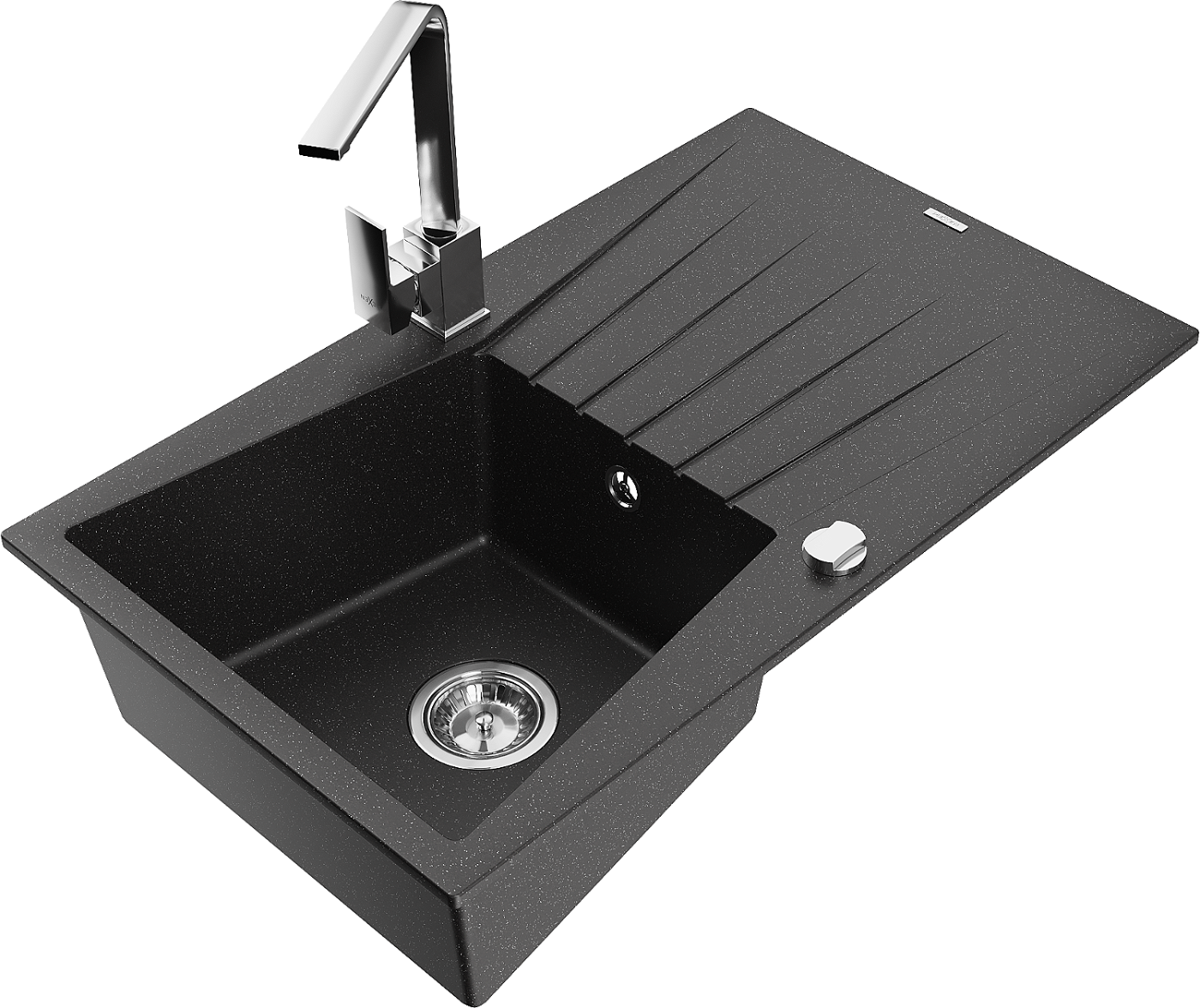 Mexen Cesar zlewozmywak granitowy 1-komorowy z ociekaczem i baterią kuchenną Rita, czarny/srebrny metalik - 6514-73-670300-00
