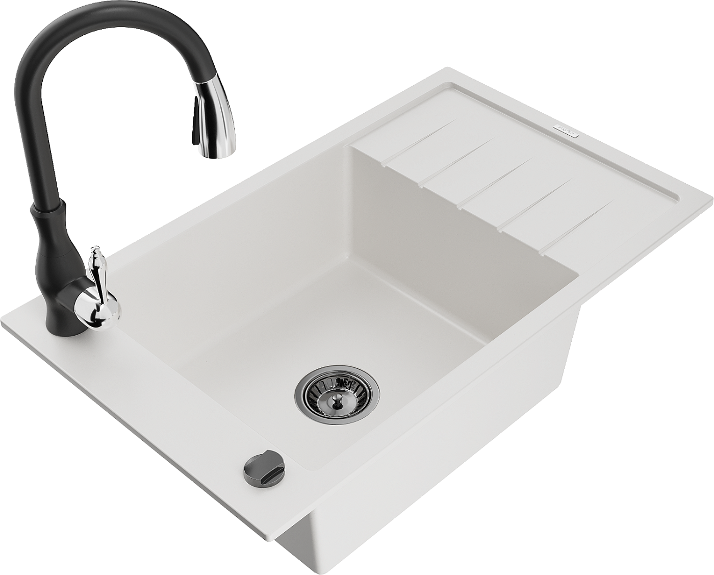 Mexen Elias zlewozmywak granitowy 1-komorowy z ociekaczem i baterią kuchenną Savita, biały - 6511-20-672601-70