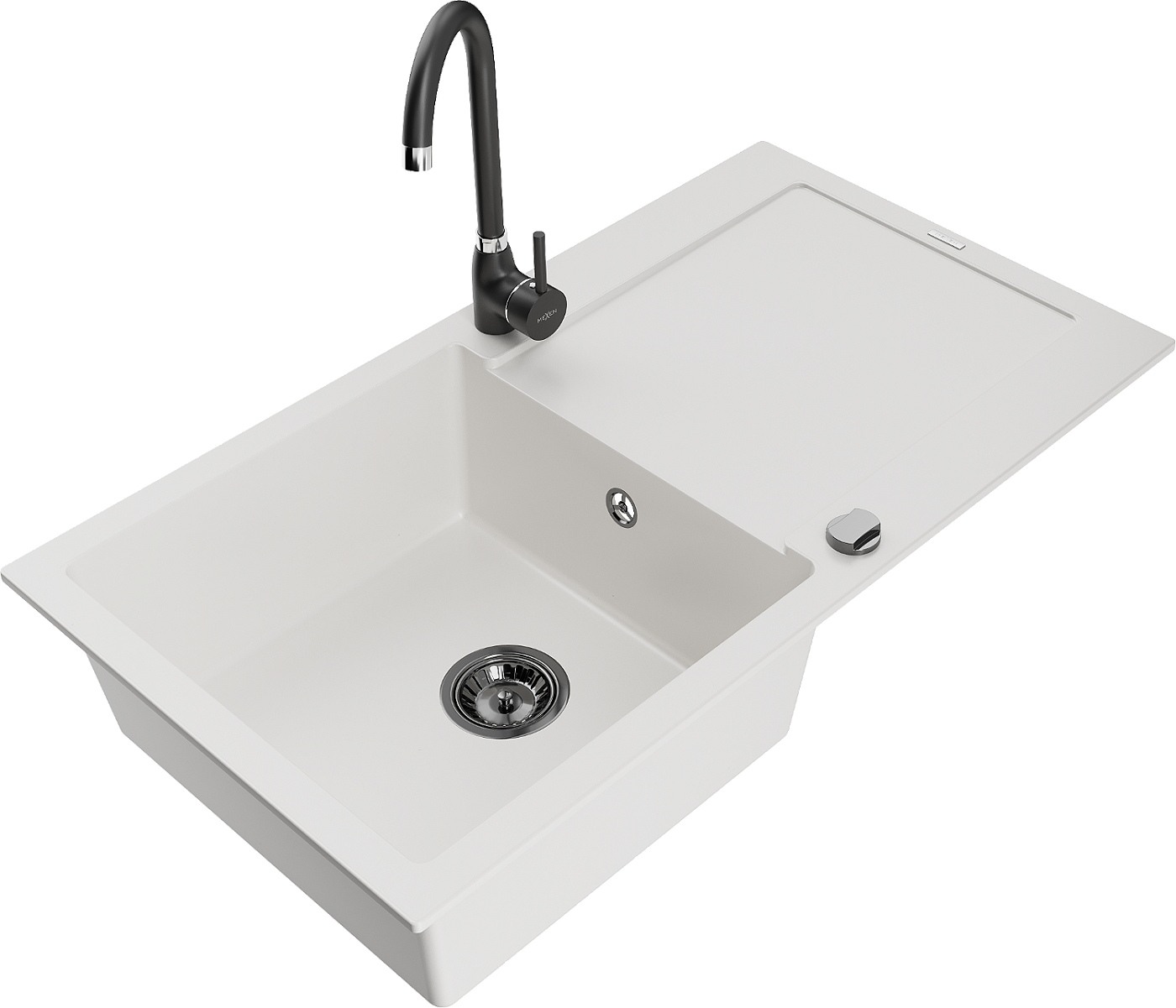 Mexen Leo zlewozmywak granitowy 1-komorowy z ociekaczem i baterią kuchenną Telma, biały - 6501-20-670200-70