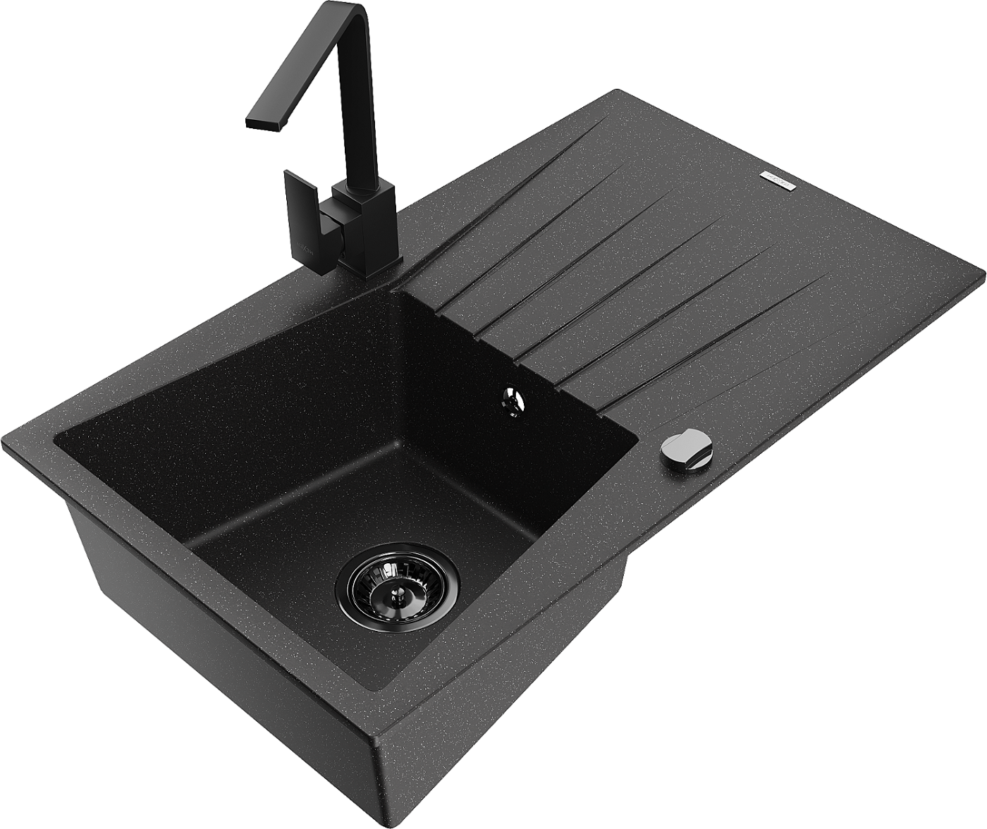 Mexen Cesar zlewozmywak granitowy 1-komorowy z ociekaczem i baterią kuchenną Rita, czarny/srebrny metalik - 6514-73-670300-70-B