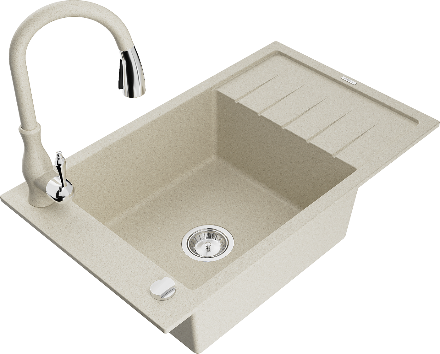 Mexen Elias zlewozmywak granitowy 1-komorowy z ociekaczem i baterią kuchenną Savita, beżowy - 6511-69-672601-69