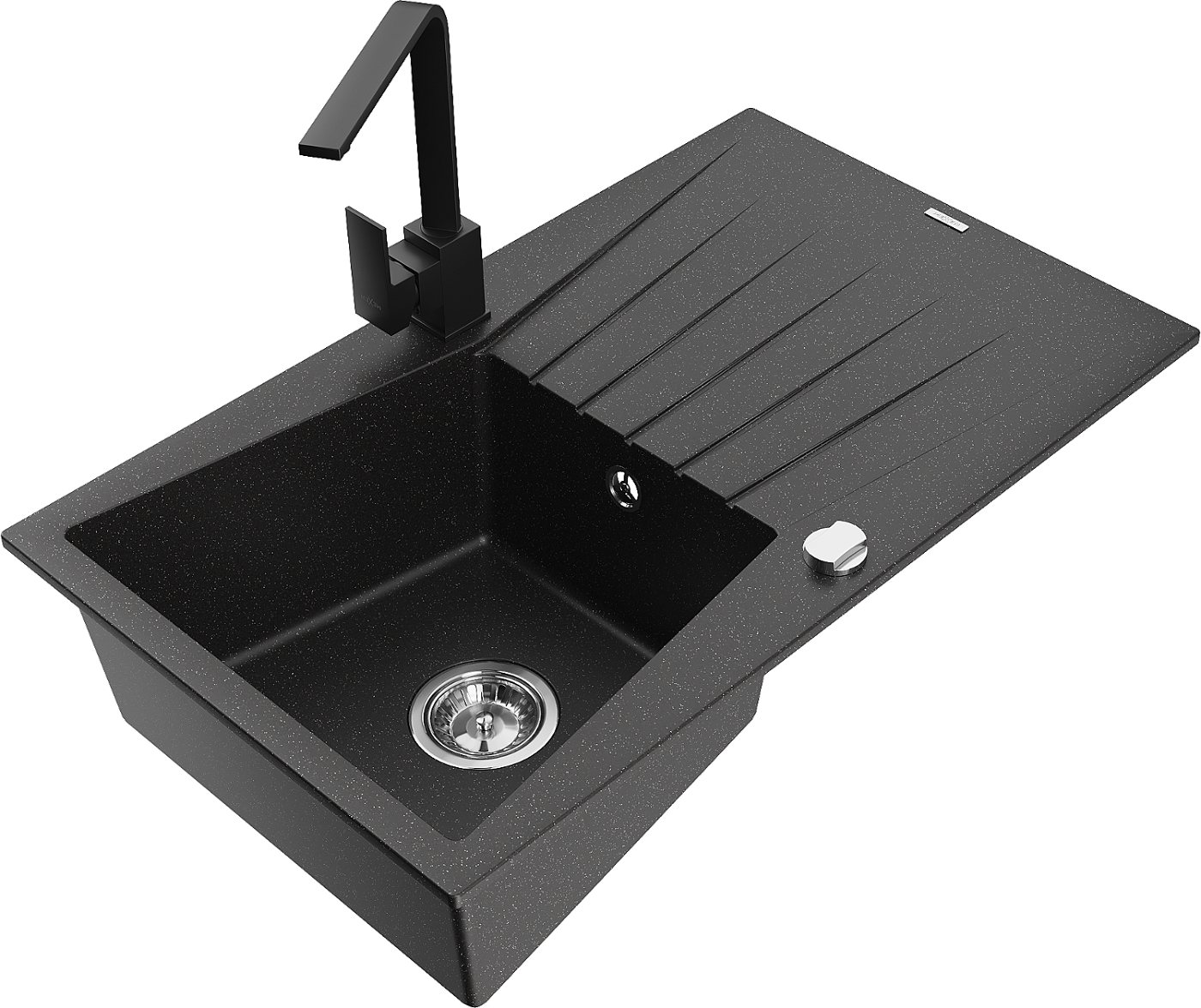Mexen Cesar zlewozmywak granitowy 1-komorowy z ociekaczem i baterią kuchenną Rita, czarny/srebrny metalik - 6514-73-670300-70