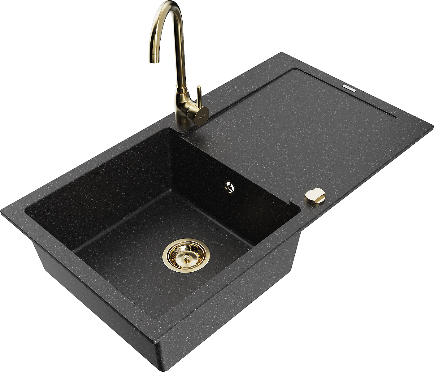 Mexen Leo zlewozmywak granitowy 1-komorowy z ociekaczem i baterią kuchenną Telma, czarny/srebrny metalik - 6501-73-670200-50