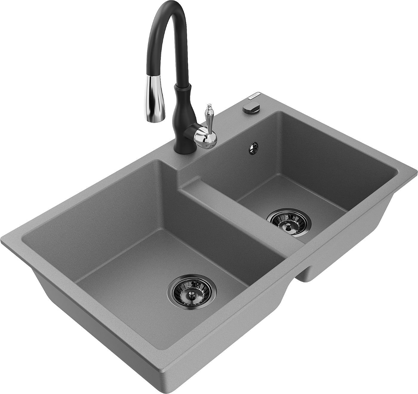 Mexen Tomas zlewozmywak granitowy 2-komorowy z baterią kuchenną Savita, szary - 6516-71-672601-70-B