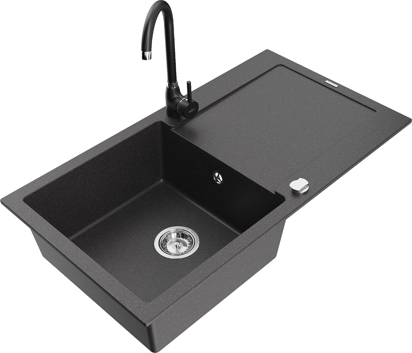 Mexen Leo zlewozmywak granitowy 1-komorowy z ociekaczem i baterią kuchenną Telma, czarny nakrapiany - 6501-76-670200-70