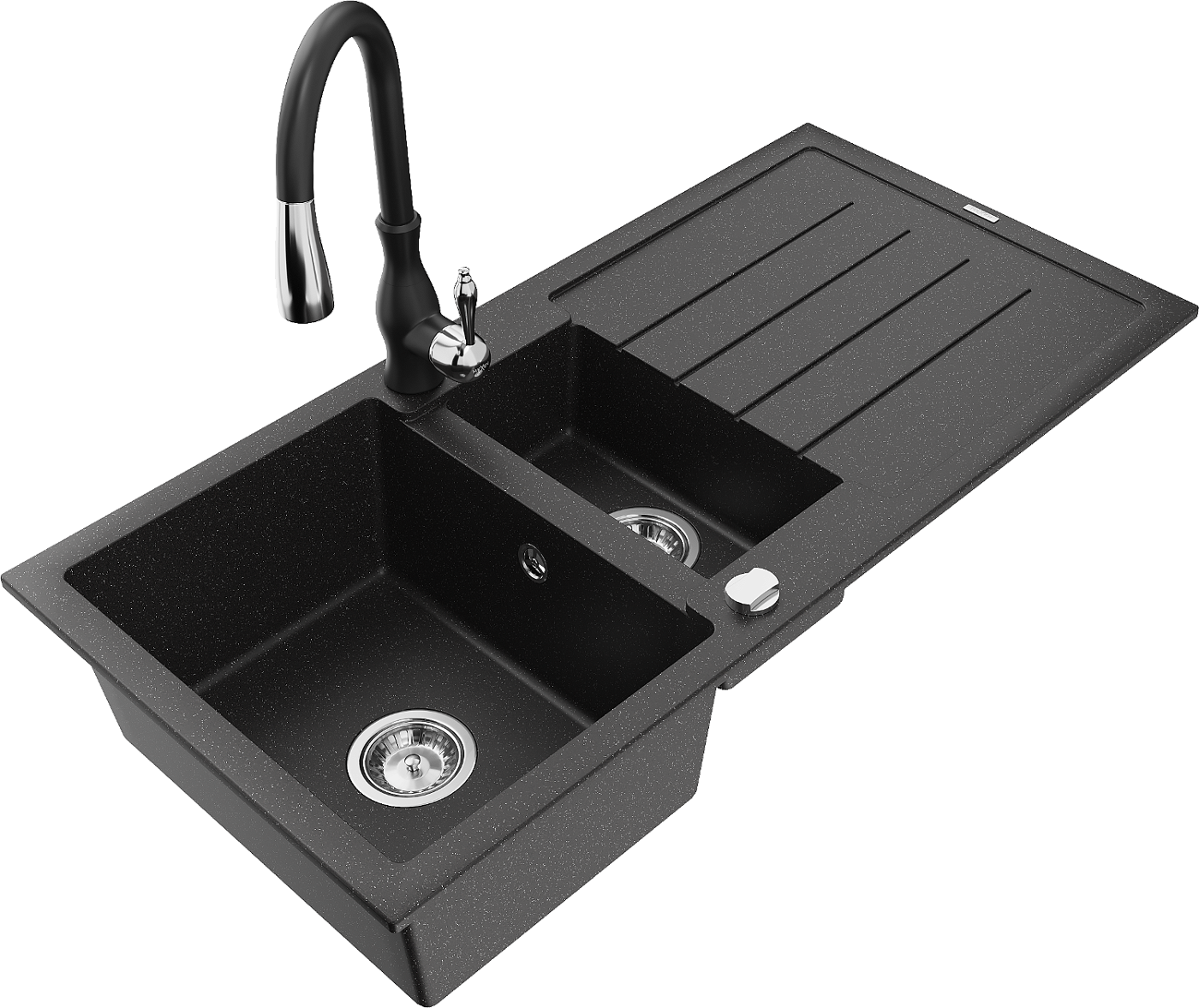 Mexen Andres zlewozmywak granitowy 1,5-komorowy z ociekaczem i baterią kuchenną Savita, czarny/srebrny - 6515-73-672601-70