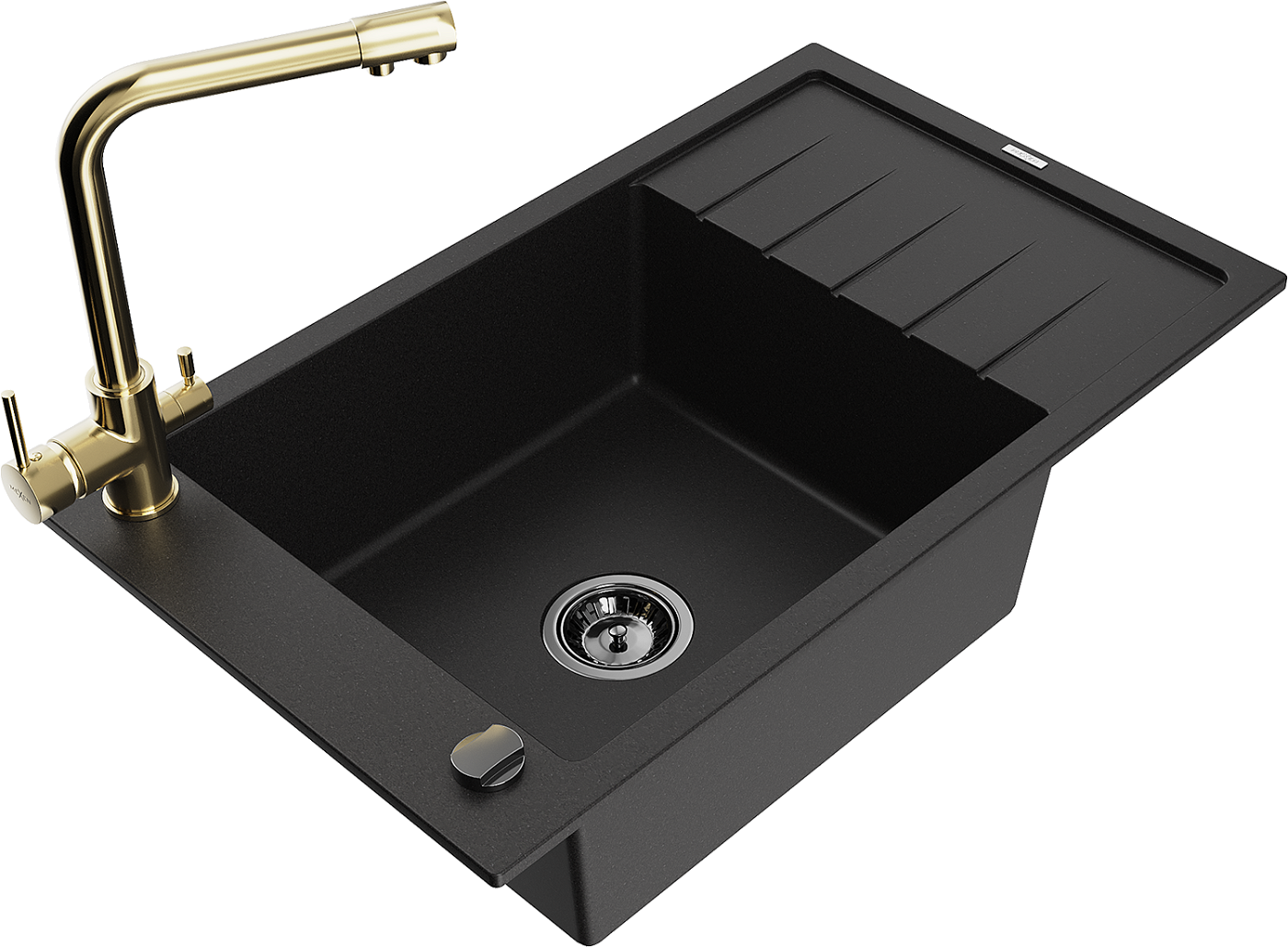 Mexen Elias zlewozmywak granitowy 1-komorowy z ociekaczem i baterią kuchenną Duero, czarny - 6511-77-671600-50-B