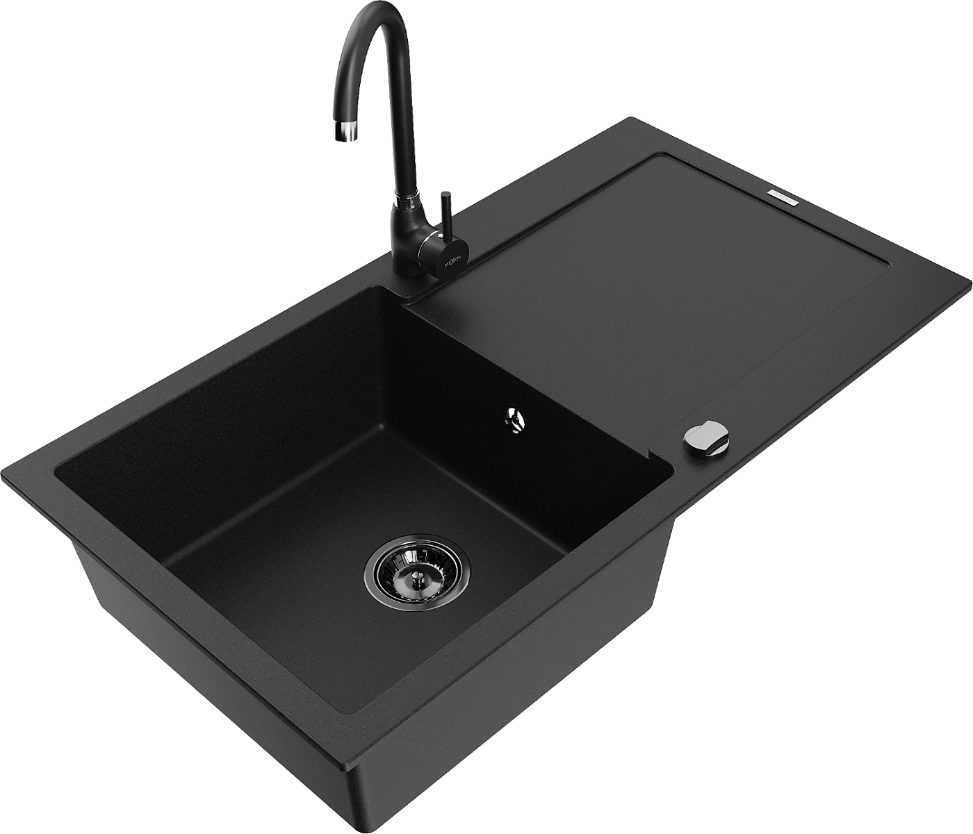 Mexen Leo zlewozmywak granitowy 1-komorowy z ociekaczem i baterią kuchenną Telma, czarny - 6501-77-670200-70-B