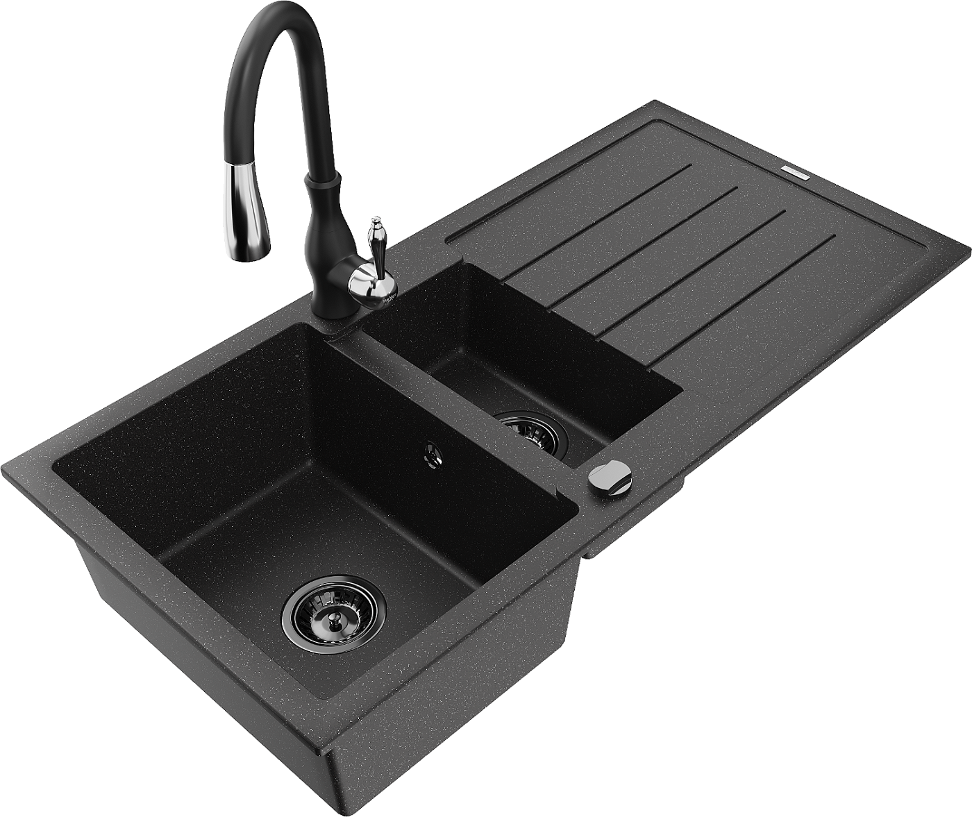 Mexen Andres zlewozmywak granitowy 1,5-komorowy z ociekaczem i baterią kuchenną Savita, czarny/srebrny - 6515-73-672601-70-B