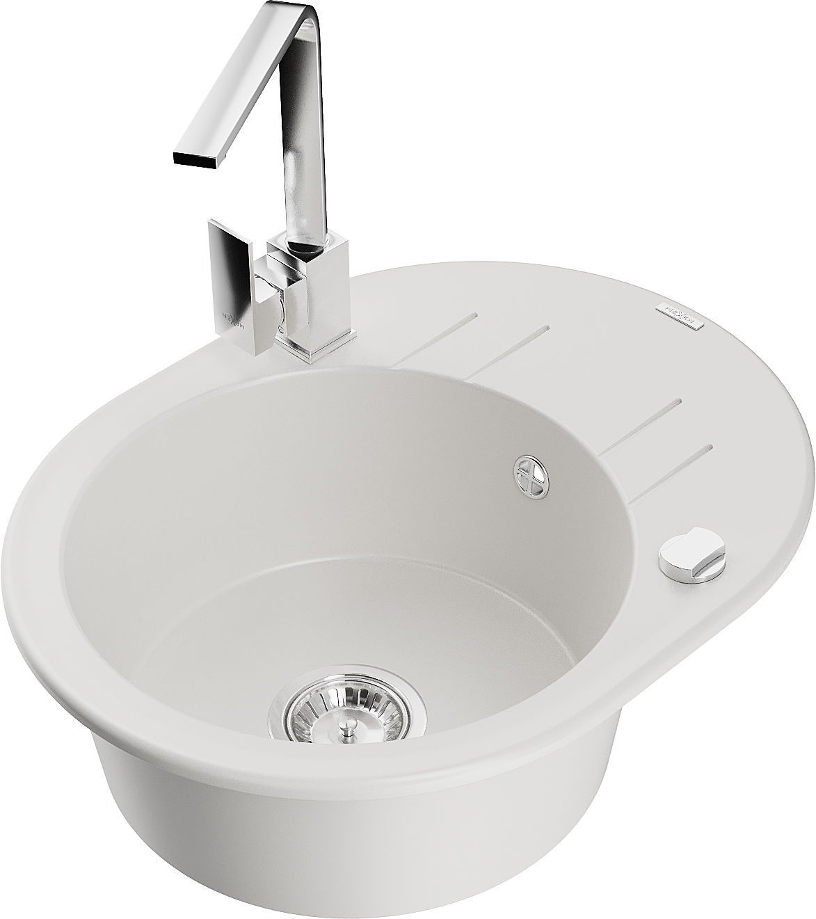 Mexen Kevin zlewozmywak granitowy 1-komorowy z ociekaczem i baterią kuchenną Rita, biały - 6517-20-670300-00