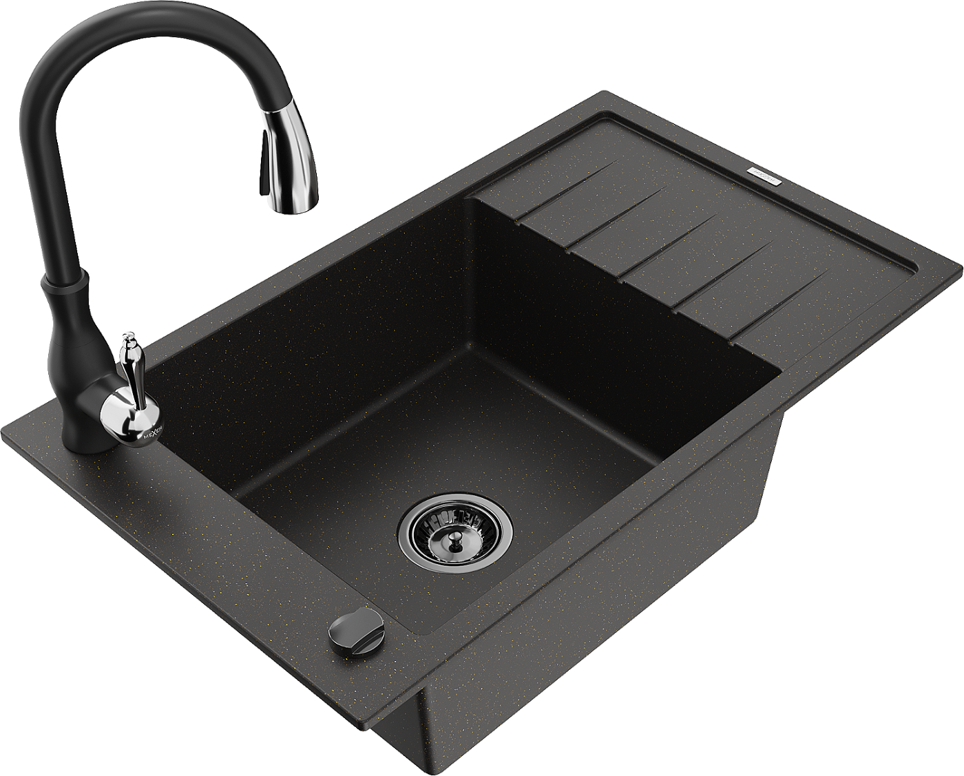 Mexen Elias zlewozmywak granitowy 1-komorowy z ociekaczem i baterią kuchenną Savita, czarny/złoty metalik - 6511-75-672601-70-B